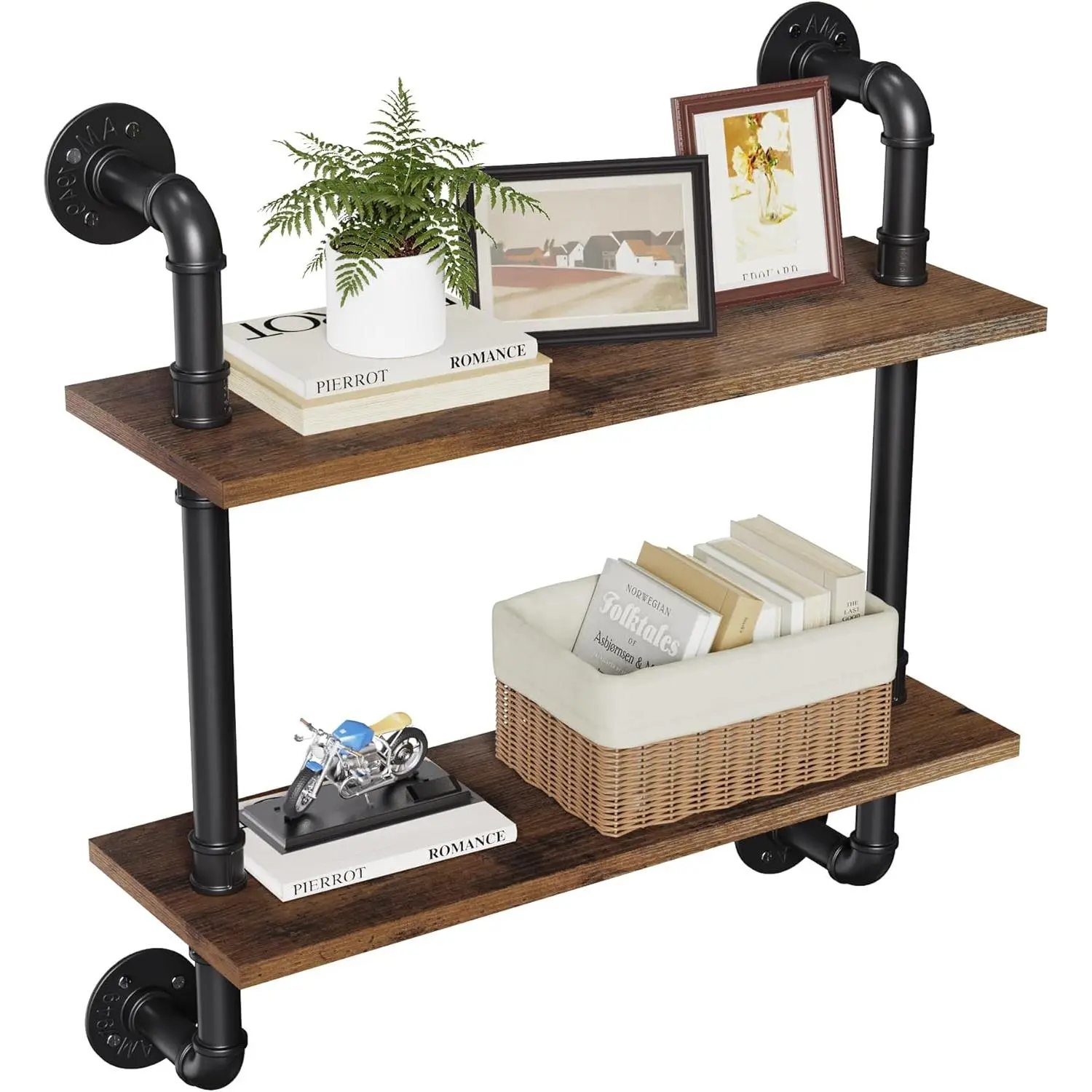 24" Industrial Pipe Shelves Wall Mounted, 2 Tier Rustic Floating Shelves for Wall, Kitchen Storage Shelves, Coffee Bar Shelf Organizer, Bathroom Wall Shelves, Living Room Wall Decor
