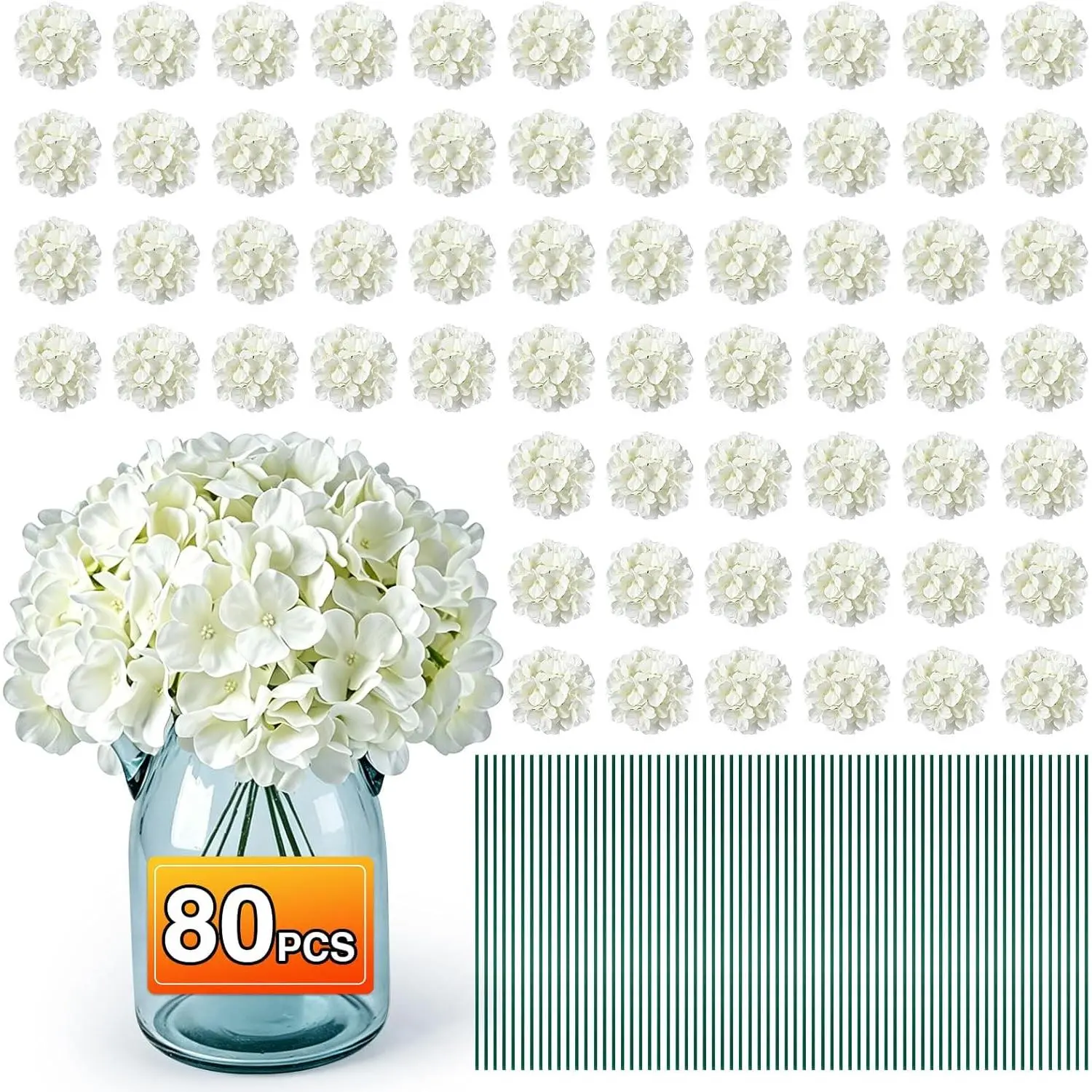 80PCS White Hydrangea Artificial Flowers,Silk Faux Hydrangeas for Wedding,Bulk Fake Flowers Heads with Stems,Easy to assemble,Artificial Flowers for Centerpieces,Home,Party,Baby Shower(No Vase)