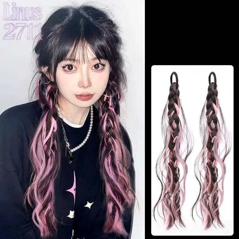 2Pcs Pink Ombre Highlight Braided Ponytail Fake Hair Wavy Boxing Twist Pigtail Elastic Hair Tie Y2K Punk Street Style Women Festival Daily Fashion Hair Extension Accessory