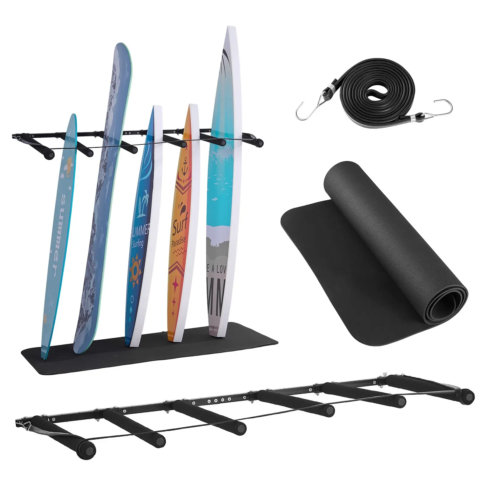 VEVOR Surfboard Wall Mount, 5 Tiers Vertical Surfboard Rack for Storage and Display, Adjustable Metal Board Stand Organizer with Sponge Pad, Surf Board Holder for Snowboards, Kiteboards, Shortboard