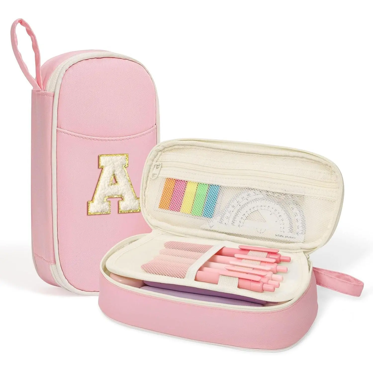Cute Pencil Case, Kawaii Big Capacity Pencil Pouch, Personalized Initial Pencil Bag with Zipper, Stationery Storage and Organizer,  to School Supplies, Pen Box for Girls & Boys, Teen, A-