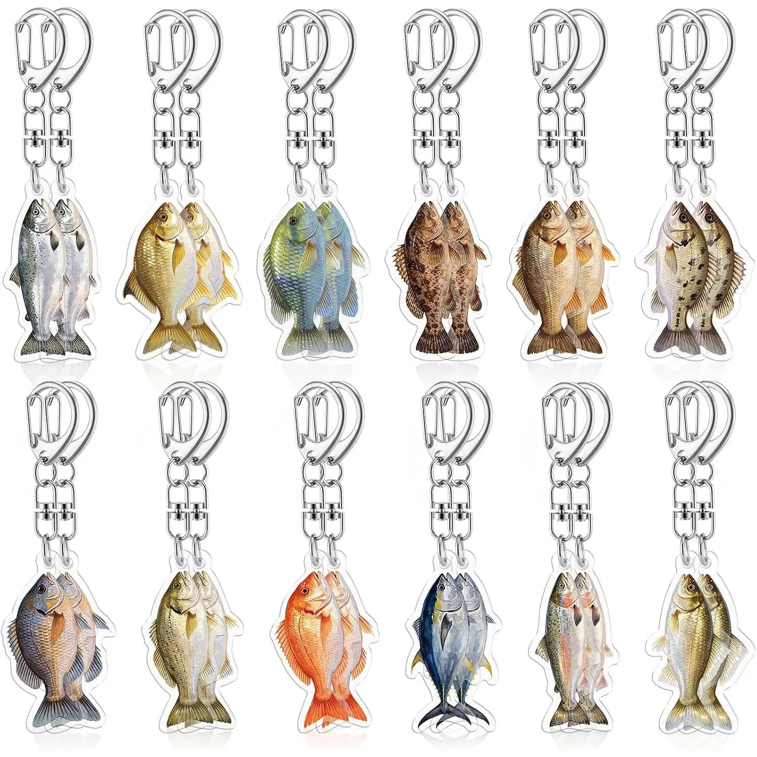 24 count Fishing   Men Fish Key Chain Fishing  Stuff 2d Flat Keychains Gone Fishing Birthday Party Decor (Multicolor)