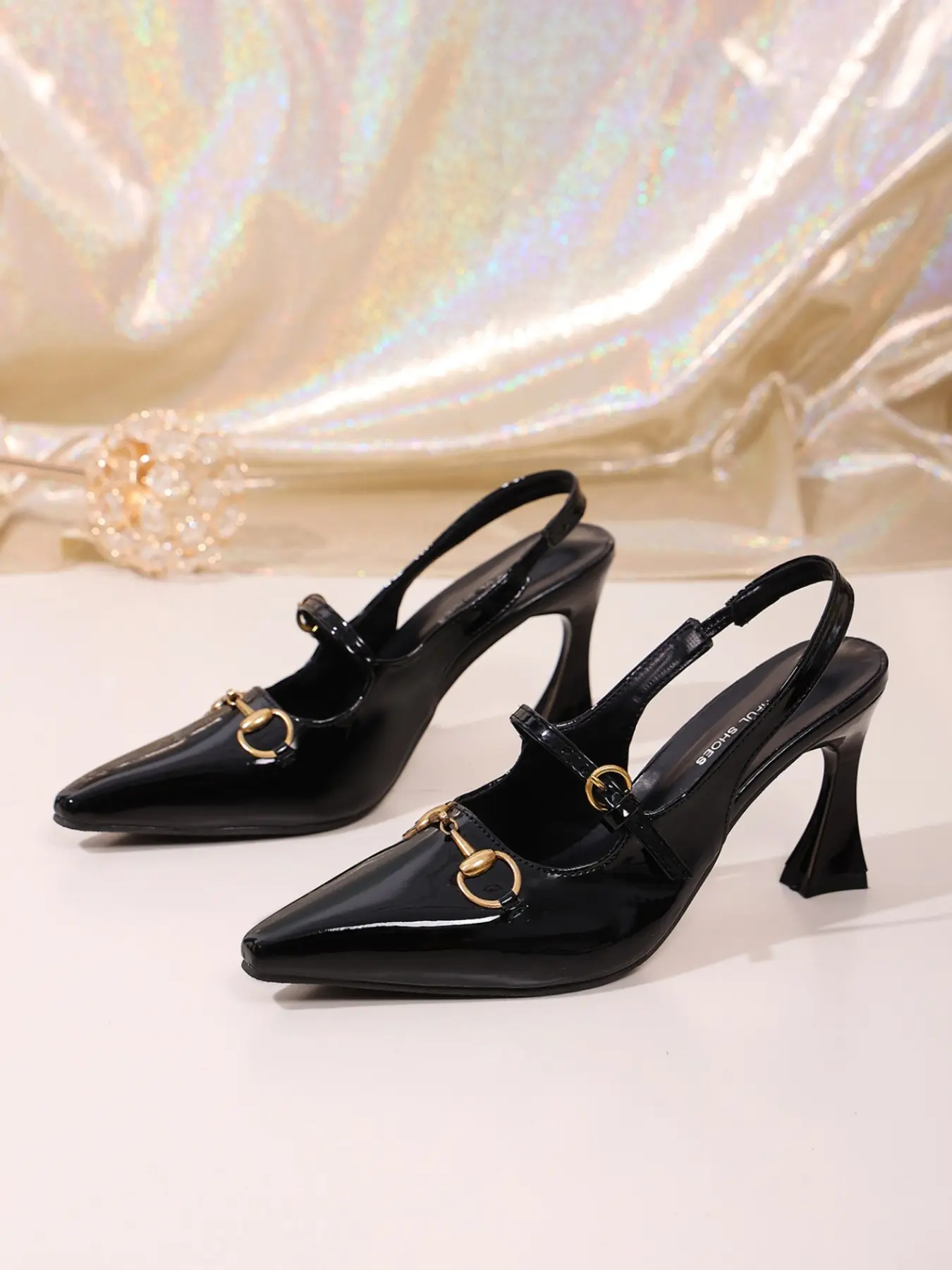 Women Patent Leather Horsebit Pointed Toe Slingback Heels, Slingback Heeled Sandals, Mary Jane Double Strap Flared Heel Pumps, Retro Elegant Summer Dressy Footwear, 2 Colors Black Burgundy