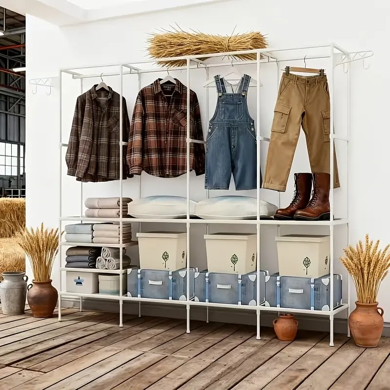 Portable Open Closet, Independent Clothing Rack, Home Clothes Organizer, Clothing Organization, Wardrobe Storage, with Hanging Rod and Multi-Tier Storage, for Clothes, Shoes, Blankets, Misc Items