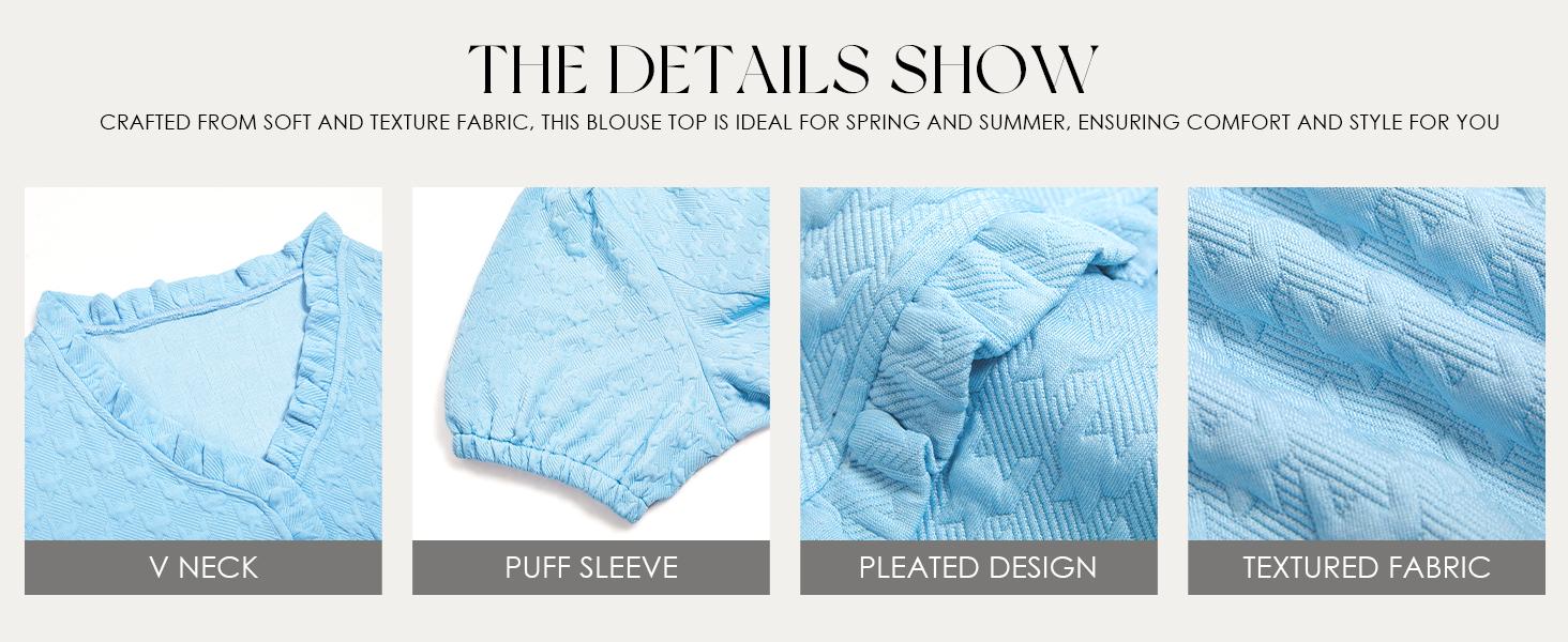 Fashare Womens Peplum Puff Sleeve Tops Dressy Casual Summer Textured Blouses V Neck Ruffle Pleated Shirts