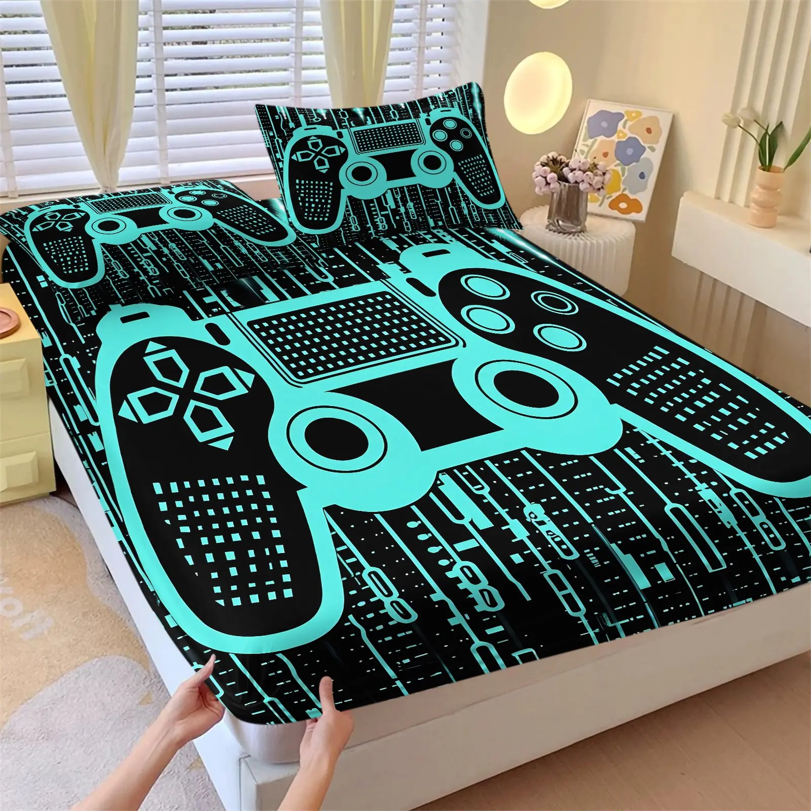 Cyan Game Controller Fitted Sheet Set-1 Bed Sheet & 2 Coreless Pillowcases-Fluorescent Cyan Game Controller & Circuit Board Code-Soft Non-Slip Deep Pocket Mattress Protector-Esports Tech Style Bedroom Decor