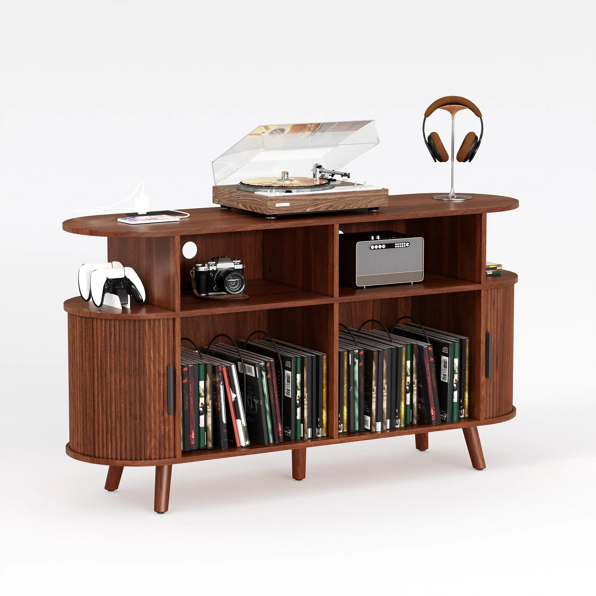 55" Fluted Mid Century Modern Turntable Cabinet with Charging Station & Display Shelf, Arched Wood Record Player Stand for Living Room