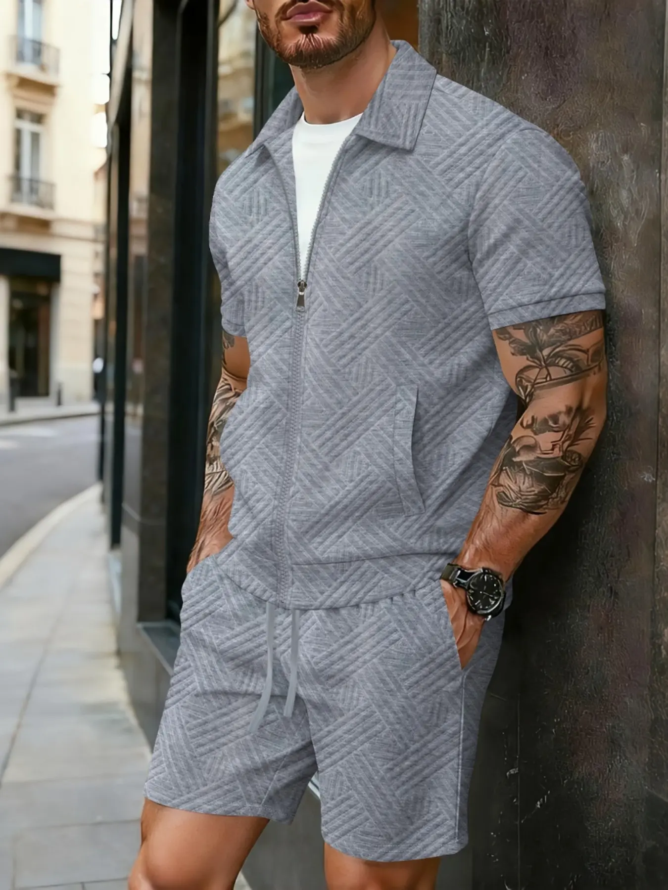 Summer Textured Embossed Men's Two-Piece Set, Short Sleeve Zipper Jacket and Casual Shorts, Stylish and Comfortable