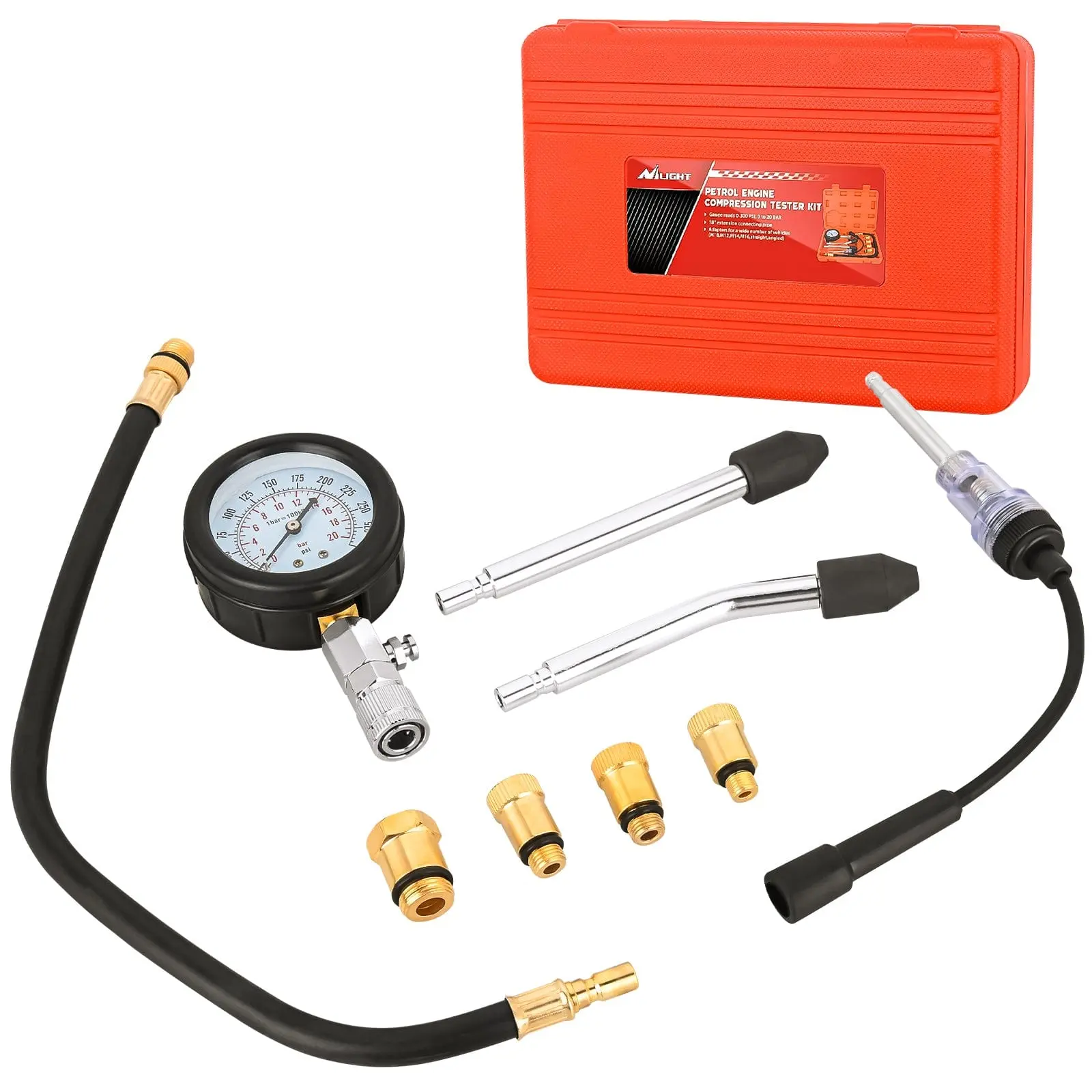 Nilight 9PCS Petrol Gas Engine Cylinder Compression Tester Kit for Trucks, with Rubber Components, 17.7 Inches Extension Hose, 300 psi/20 Bar Gauge, Anti-Scratch Coating