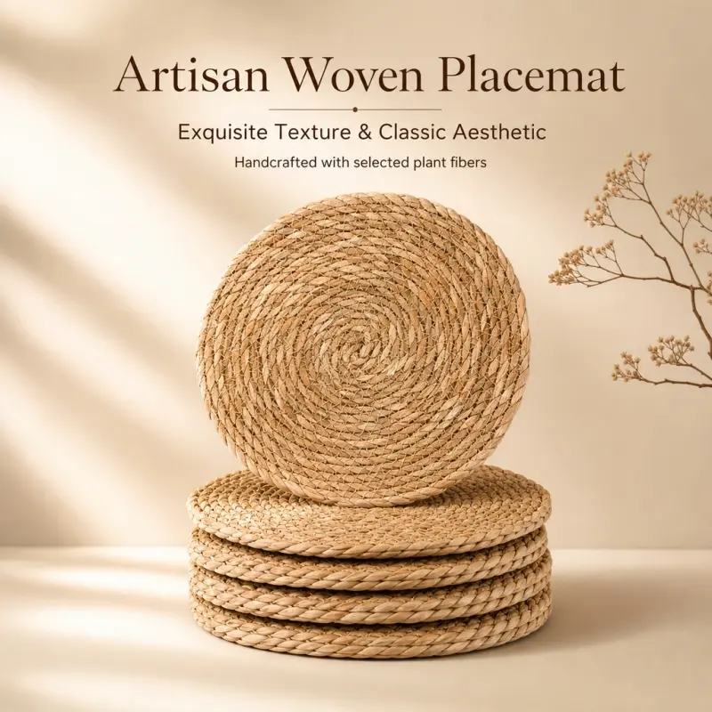 6-Piece Rustic Woven Placemat Set, Handmade Round Water Hyacinth Mats, Heat-resistant and Non-slip. Ideal for country style table decoration with exquisite weaving craft. Table Placemats