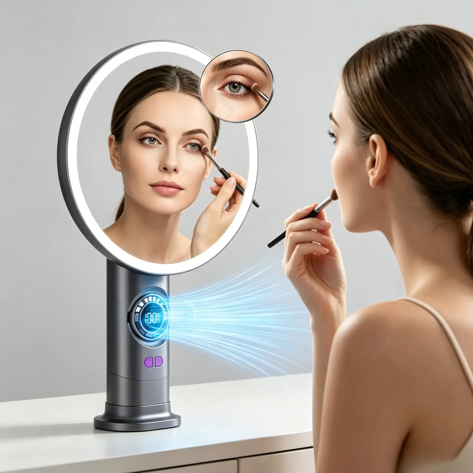 3-in-1 Lighted Makeup Mirror with LED Light & Fan , Cordless Face Fan for Skincare Lash Extensions Setting Spray Flash Dry, Vanity Mirror with Lights and 3× Magnification, Rechargeable Beauty Tool Cooling Gifts for Girls Women Vanity