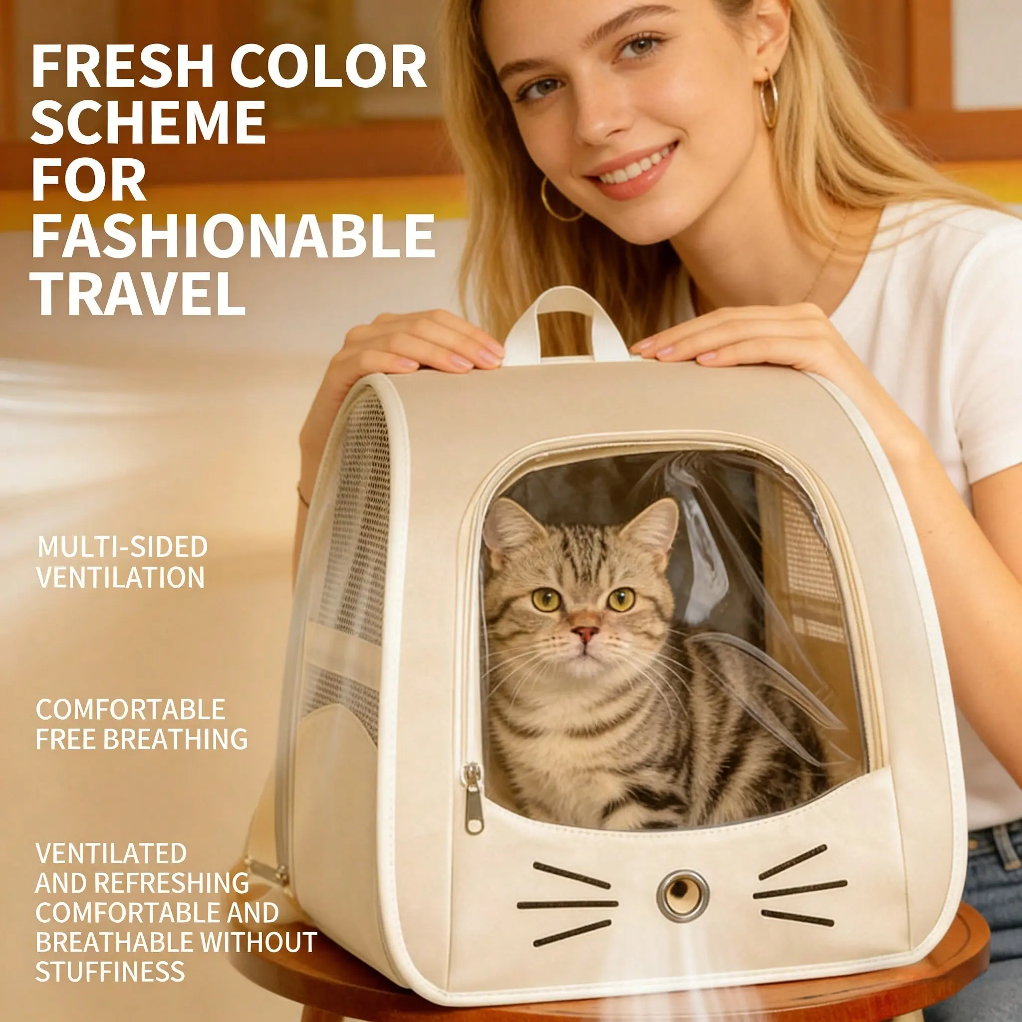 Large View Cat Backpack, Breathable Anti-Stress Pet Outing Bag, Durable Scratch-Resistant Cat Travel Backpack, Multi-Sided Mesh Design, Carrier