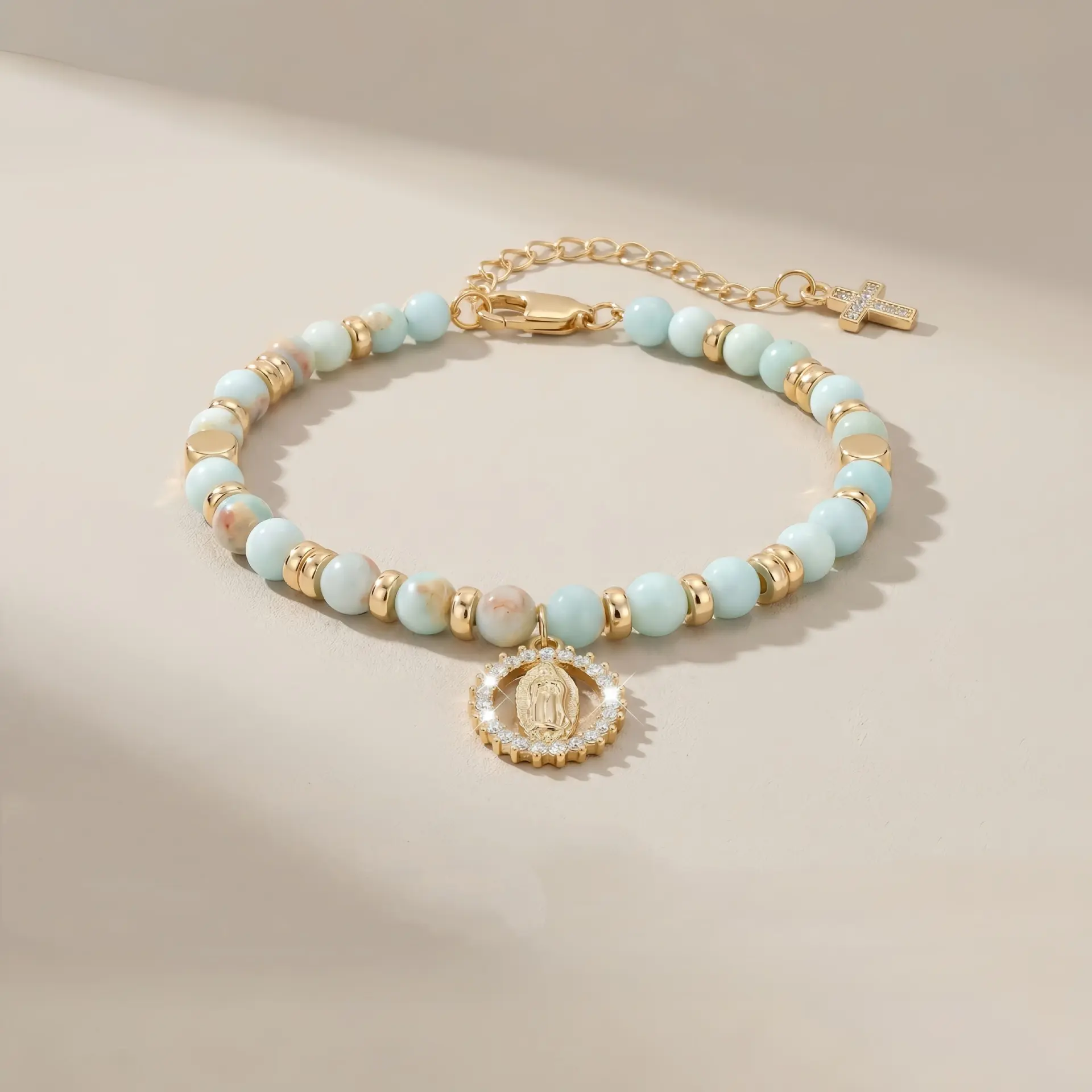 1Pc Tiffany Blue Beaded Catholic Rosary Bracelet - CZ Virgin Mary Medal & Cross Charm Adjustable Wristband Religious Faith Jewelry Gift Suitable For Women Girls