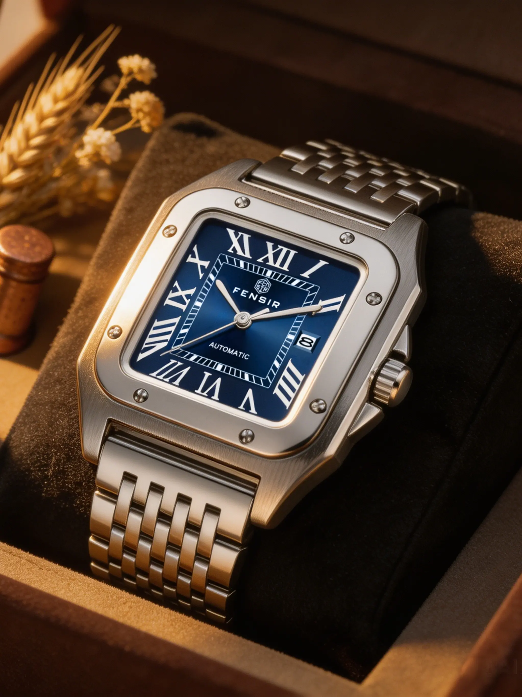 Classic Luxury Square Men's Watch, Dial Roman Numerals, Steel Strap, Quartz Movement, Analog Face, All Seasons