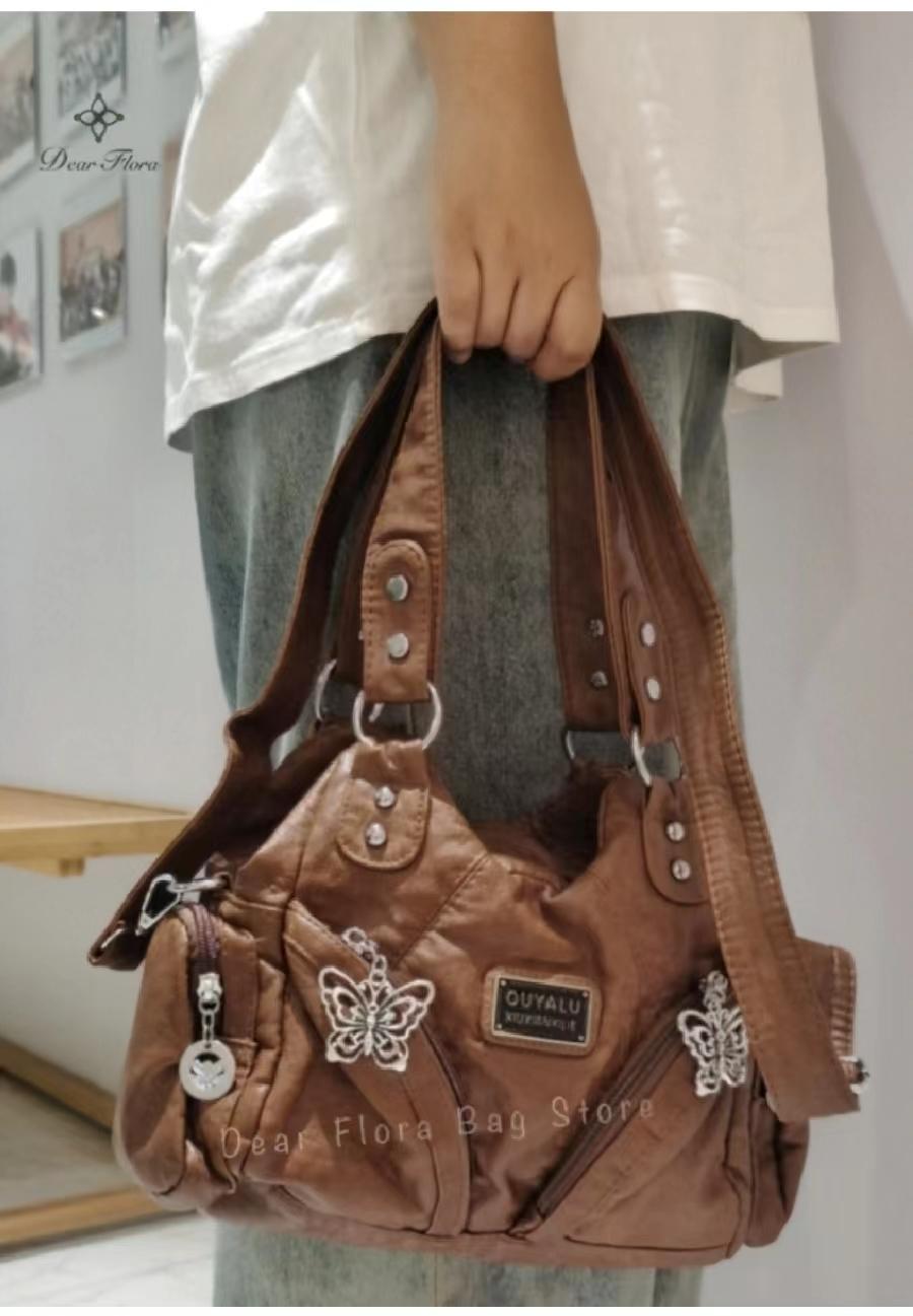 Women's Y2K Vintage Motorcycle Shoulder Bag Fashion Soft PU Chains Multiple Pockets Tote Bags Moto Style Messenger Crossbody Bag