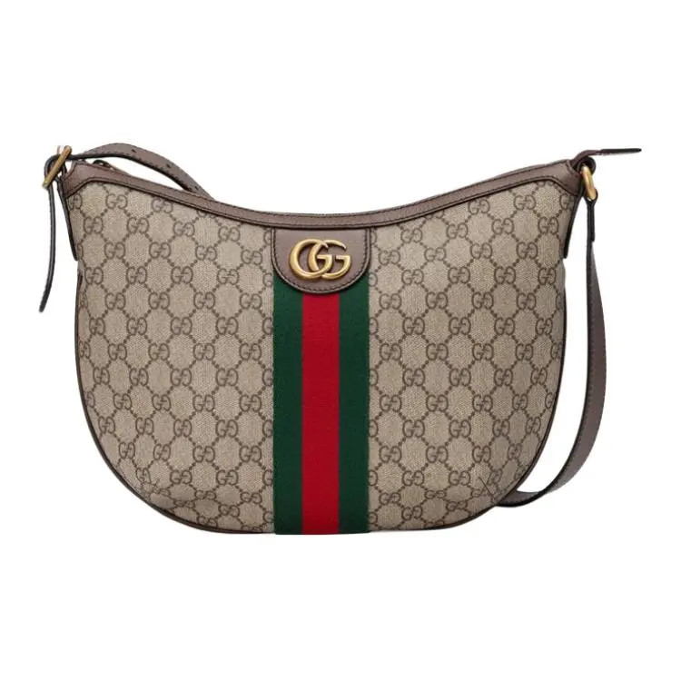 Gucci Ophidia Distressed GG Monogram Stripe Canvas and Leather Crossbody Bag for Women, Ebony and Brown