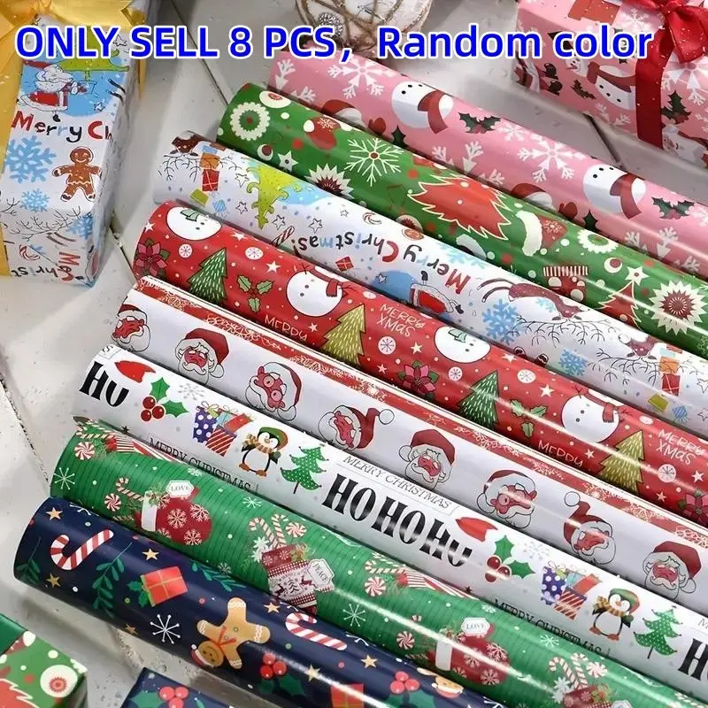 8-Piece Shiny Christmas Gift Wrapping Set, Double-Layer Copper Paper Ribbon, Cartoon Santa and Tree Design, Festive Holiday Packaging