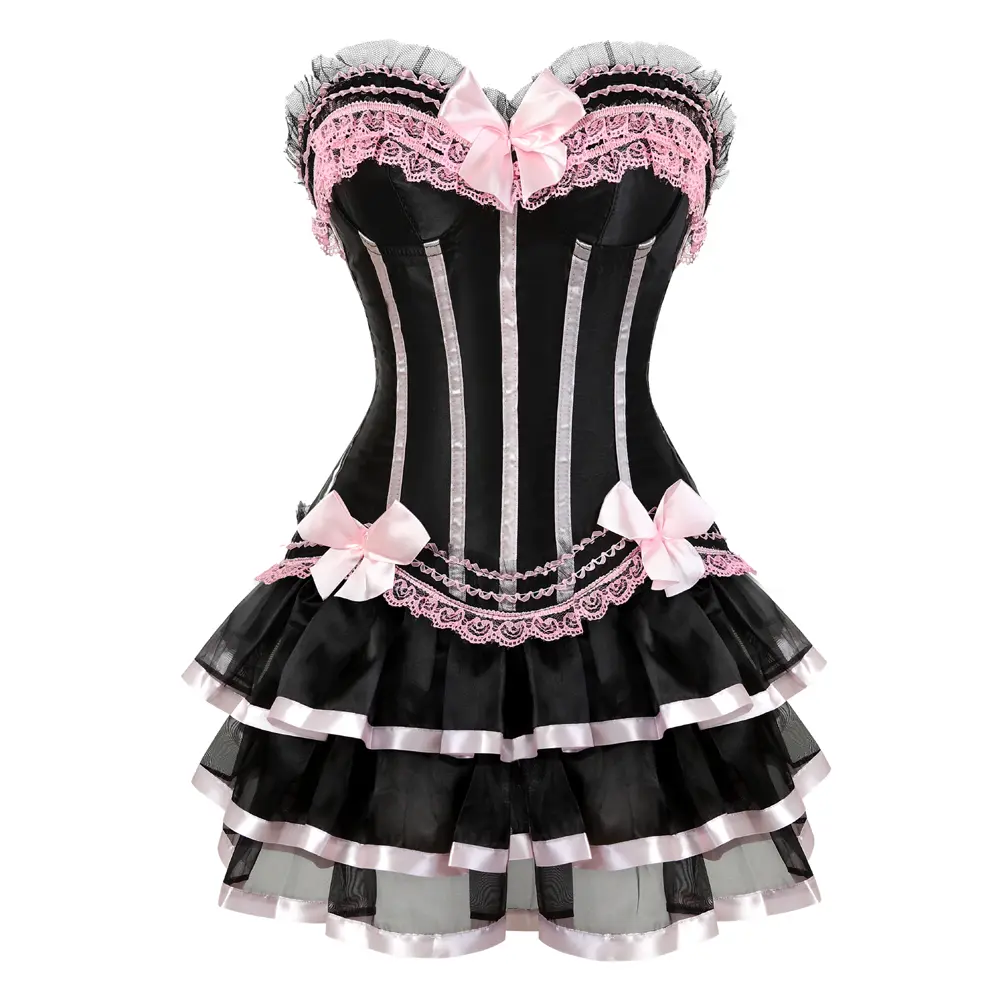 Corset Dress and Short Skirt Plus Size Women Lace Stripe Renaissance Medieval Victorian Waist Cincher Bustier Top for Halloween Pirate Cosplay Suitable for Halloween and Themed Events Elegant Cropped Blue Pink Red