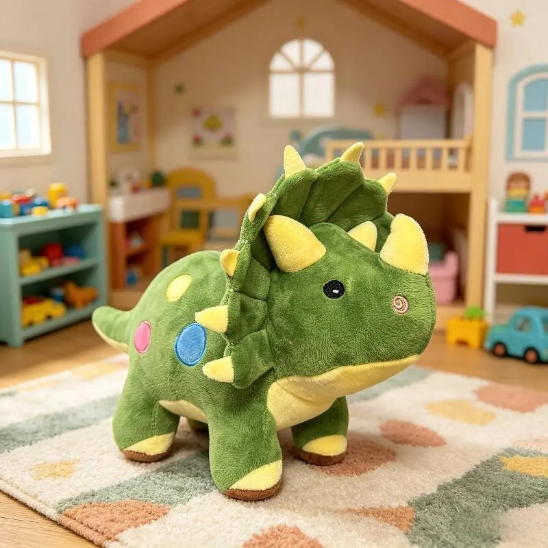 Cute Green Triceratops Dinosaur Plush Toy - Unisex Animal Mascot Stuffed Toy with Adjustable Front-Back Direction Neck Shield, Colorful Embroidered Body Spots, Home Decor, Cute Collectibles