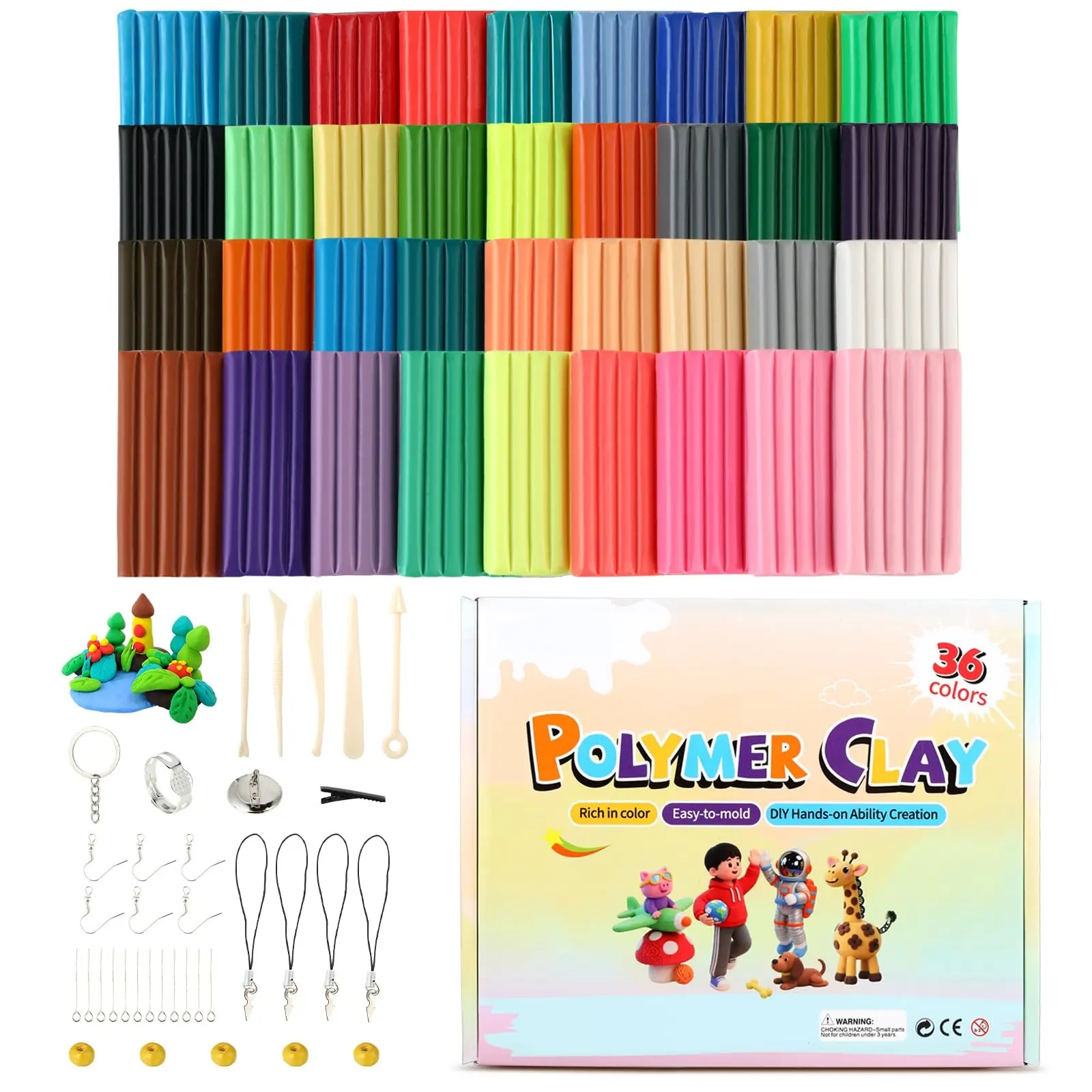 Polymer Clay 36 Colors Starter Kit - Oven Bake Modeling Clay for Kids & Artists, Non-Sticky DIY Clay with Sculpting Tools, Fun Gift for Children Ages 4+