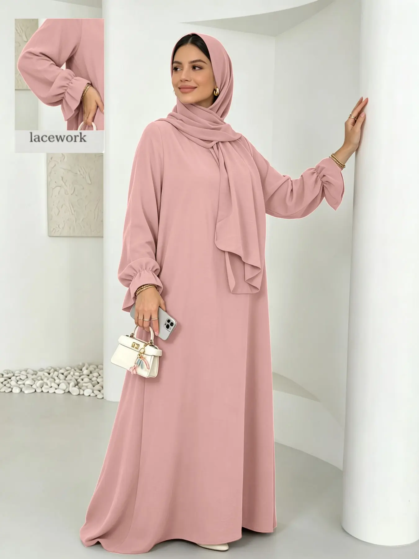 Soft Muslim Abaya Dress with Long Scarf Sleeves, Floral Sleeve Design, Classic Versatile Abaya, Perfect for Everyday Wear, Islamic Modesty Clothes