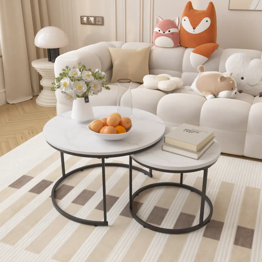 Littleox 27.6" Nesting Coffee Table Set of 2, Round Coffee Table Wood Marble Pattern Top with Sturdy Metal Frame, End Table Side Tables for Living Room Bedroom Balcony Yard (White)