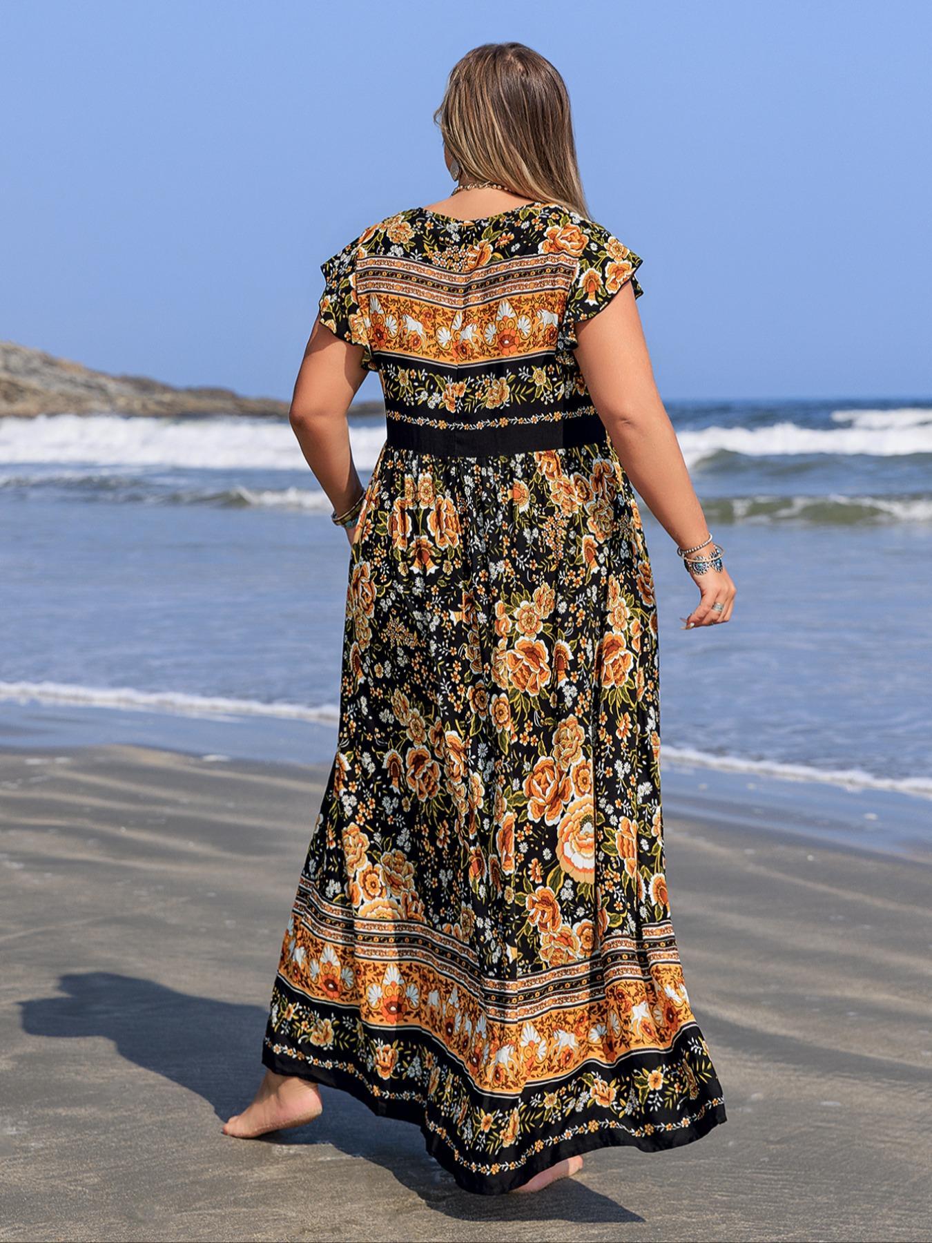 Plus Size Floral Print V-Neck Maxi Dress, Boho Fashion Casual Short Sleeve Dress for Daily Vacation Wear, Women's Clothing for All Seasons, Bohemian Sundress Plus Size Floral Print V-Neck Maxi Dress, Boho Fashion Casual Short Sleeve Dress for Daily Vacation Wear, Women's Clothing for All Seasons, Bohemian Sundress