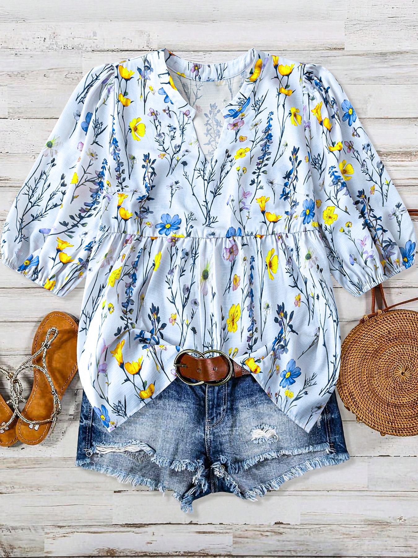 【Plus Size】 Floral Print Notched Neck Boho Cottagecore Blouse, Boho Floral Printed Casual Bishop Sleeve Top for Summer, Women's Clothes for Daily Wear