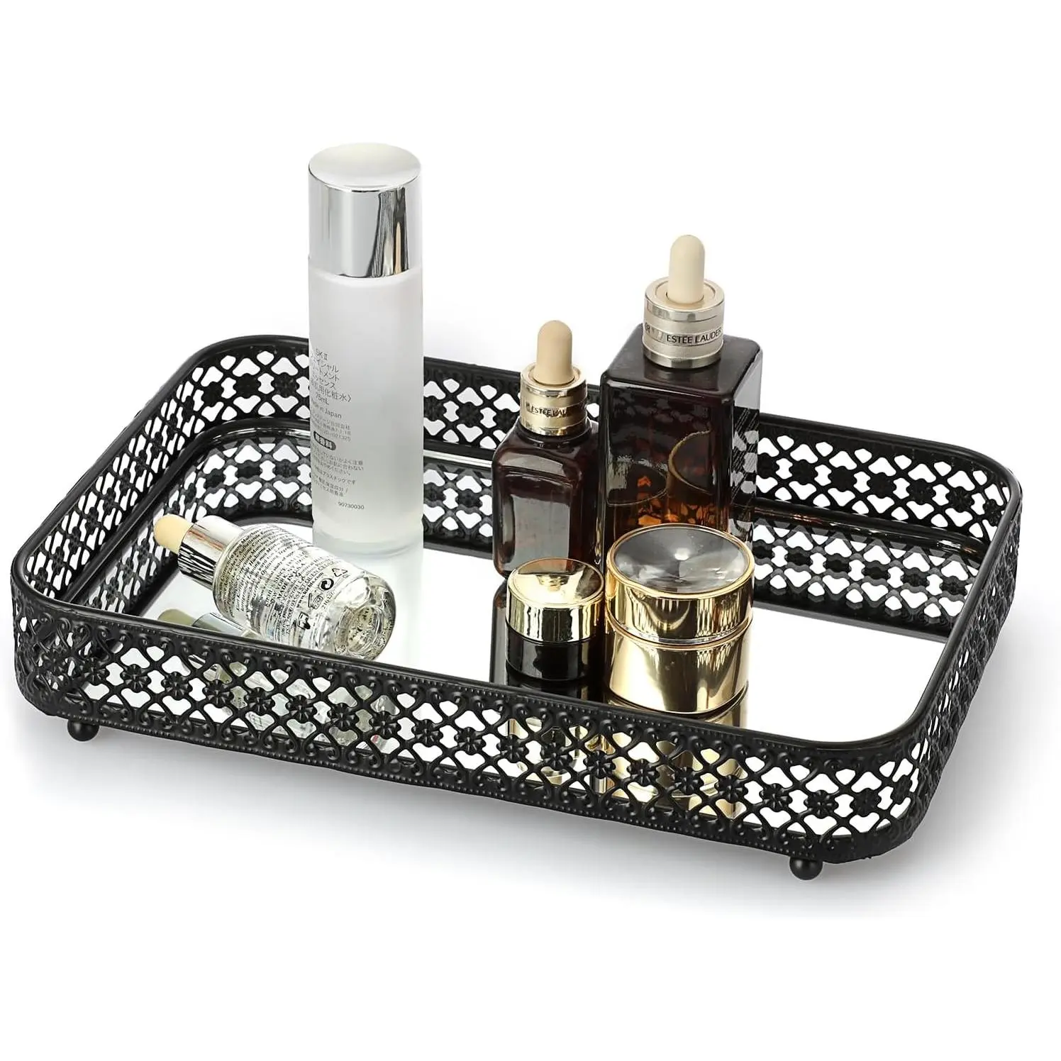 Black Mirror Glass Perfume & Makeup  Tray, Medium Size | Hollow-Carved  Storage, Metal Trinket Organizer for Dresser Bathroom Countertop  Decor