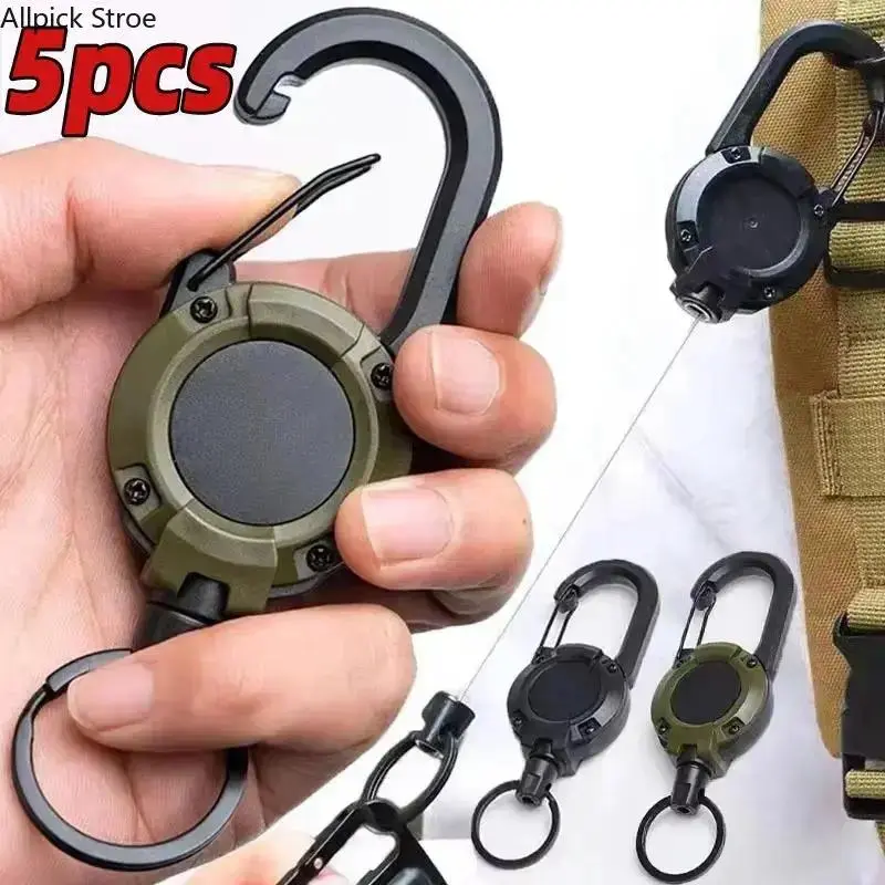 5-Pack Heavy Duty Retractable Keychain Reel - Stainless Steel Wire Lanyard with Carabiner Clip, 60cm Sturdy Aluminum Snap Lock, 4*12.5cm Steel+Plastic Accessory, Recoil Mechanism, Black 5pcs/Green 5pcs, No Excess Bulk, Durable Bag Charm for Outdoor Work,,