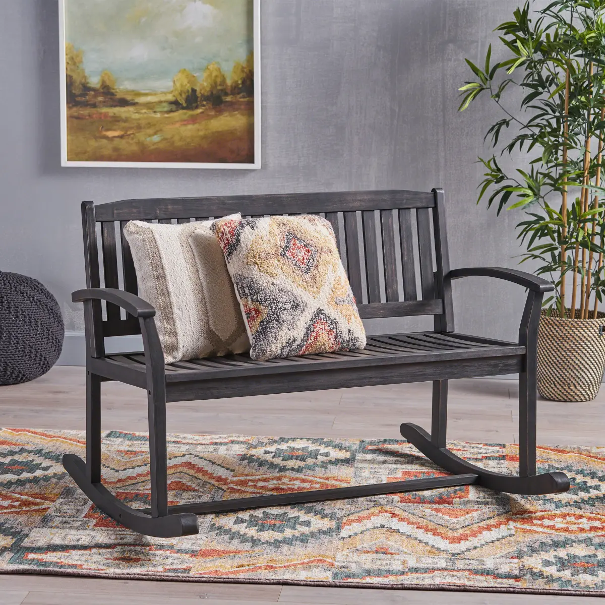 Patio Rocking Loveseat, 2 Person Outdoor rocker Bench, Acacia Wood Patio rocking Loveseat with Armrests, Slatted Seat & Backrest, Porch Rocking Bench for Backyard