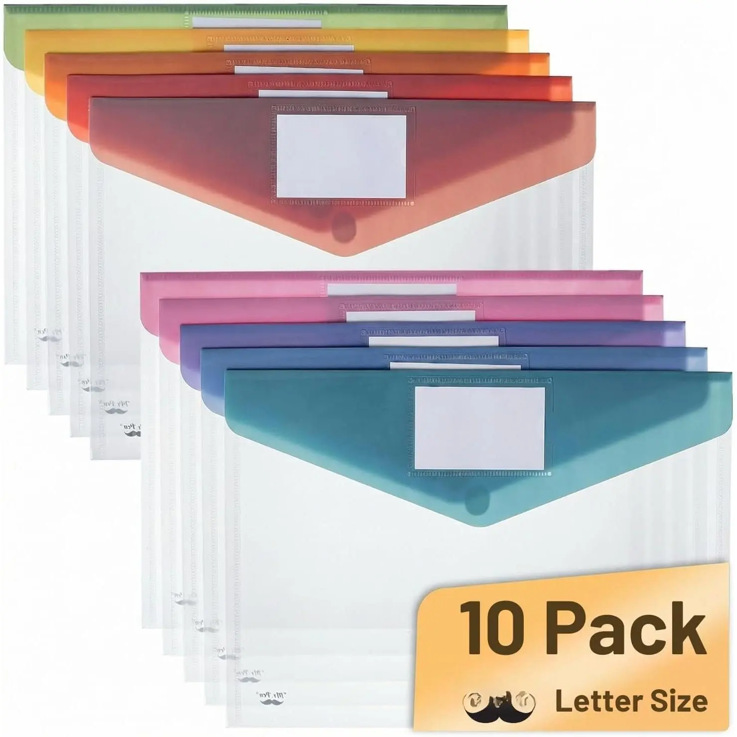 Modern Plastic Poly Envelopes with Label Pockets, 10 Pack, A4/Letter Size (13.2x9.3 in), Colorful Flaps for Schools/Office Document Storage & Organization, Transparent Poly
