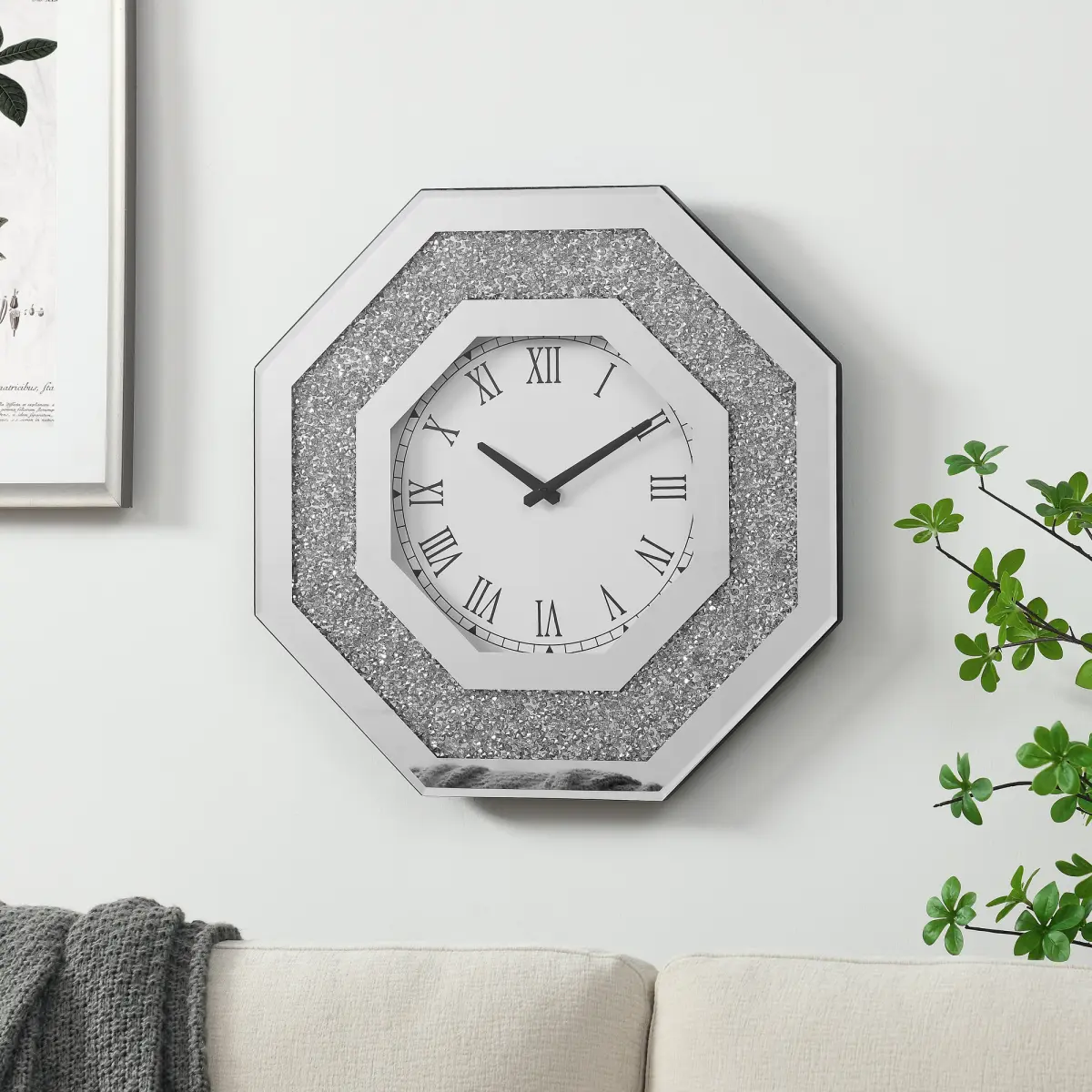 Retro Silent Quartz Octagon Wall Clock (20in L * 20in H) - Durable, Roman Numeral Chic, Glass Mirror Bevel Border, Shiny Faux Crystal Inlay Glow, Transparent Minimalist Modern Glam Wall Decor for Living Room, Bedroom, Decoration