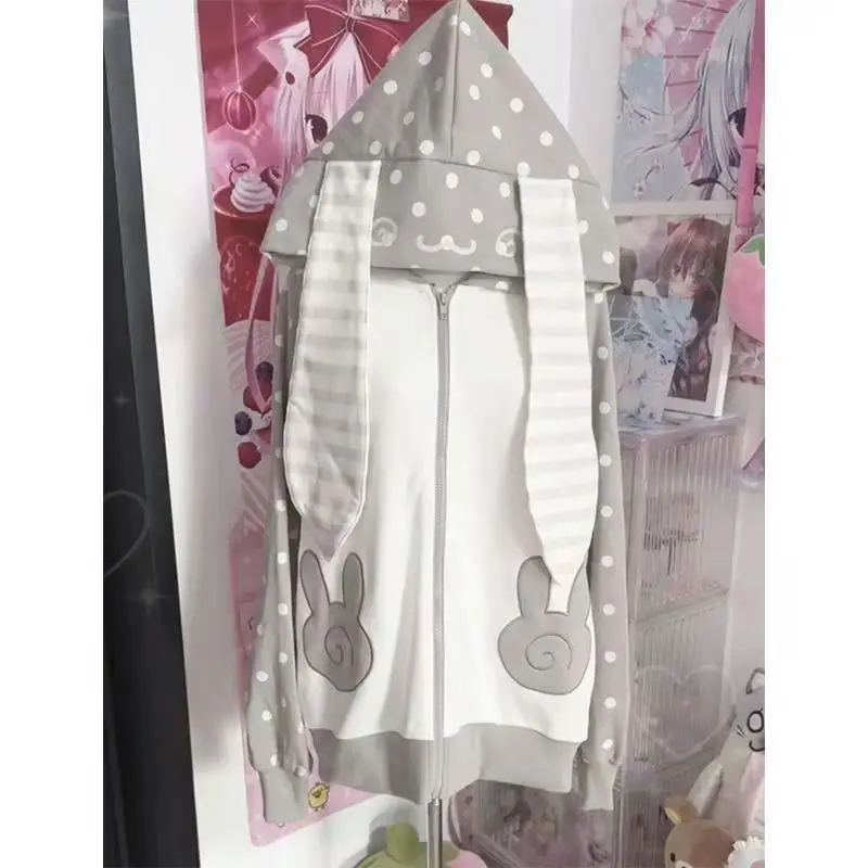 Autumn Japanese Pink Patchwork Overcoat Women's Sweet Kawaii Zipper Lace Polka Dot Hoodie 2025 New Loose Lovely Strawberry Coat