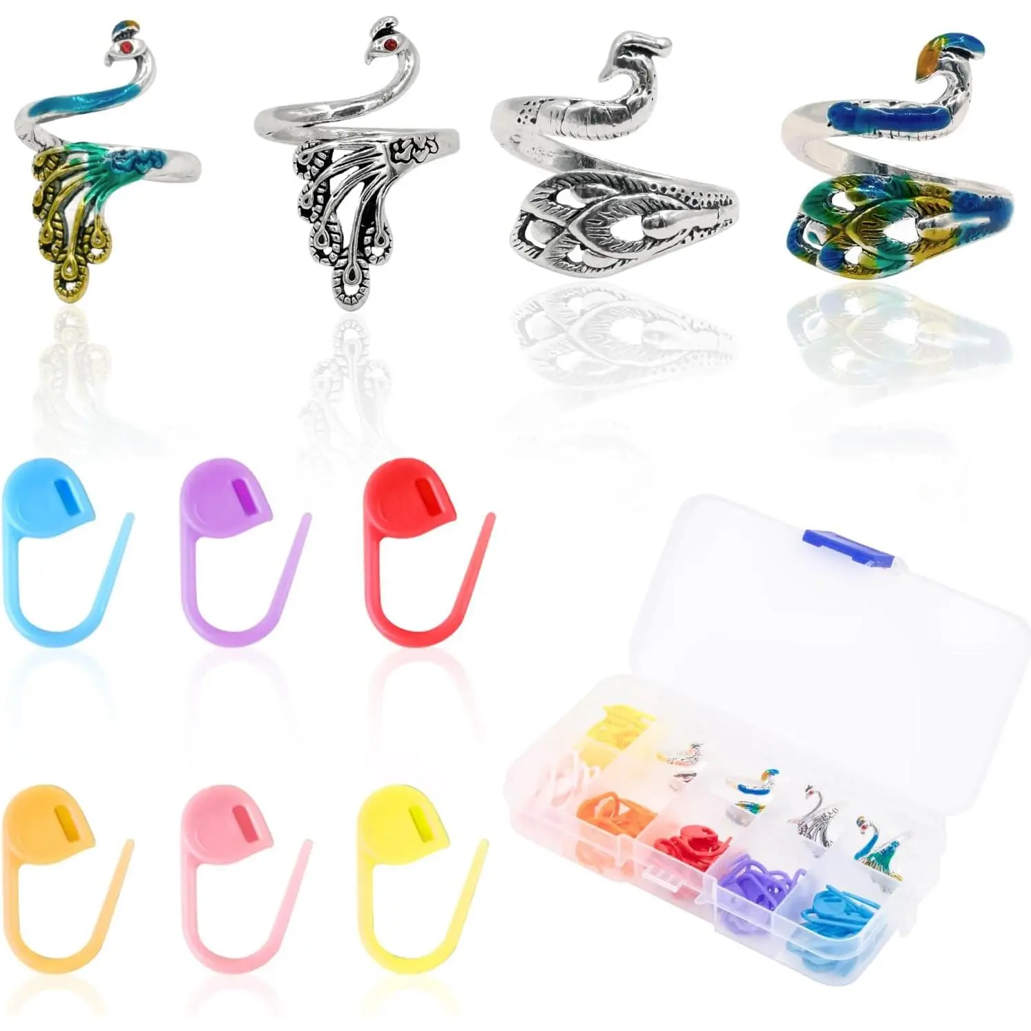 4 count Crochet Ring + 60 count  Markers Adjustable Crochet Tension Rings for Finger Yarn Tension Guide Rings Crocheting Knitting Accessories with Box Gifts for Crocheters Knitters(Peacock)