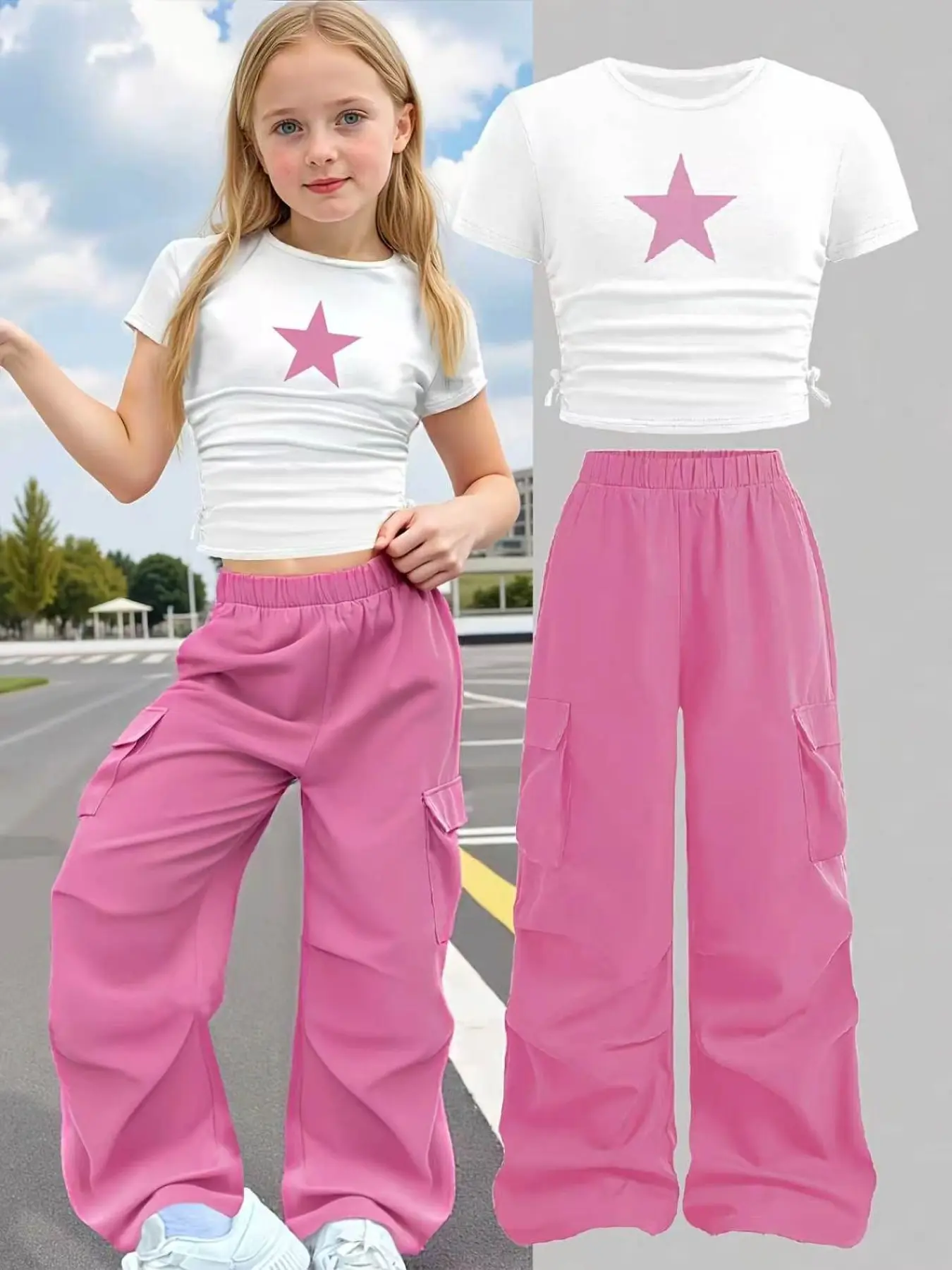 Girls' Star Short Sleeve T-Shirt + Army Cargo Pants Set, Summer Sweet Cool Style, Kids' Casual, Two-Piece Ensemble