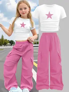Girls' Star Short Sleeve T-Shirt + Army Cargo Pants Set, Summer Sweet Cool Style, Kids' Casual, Two-Piece Ensemble