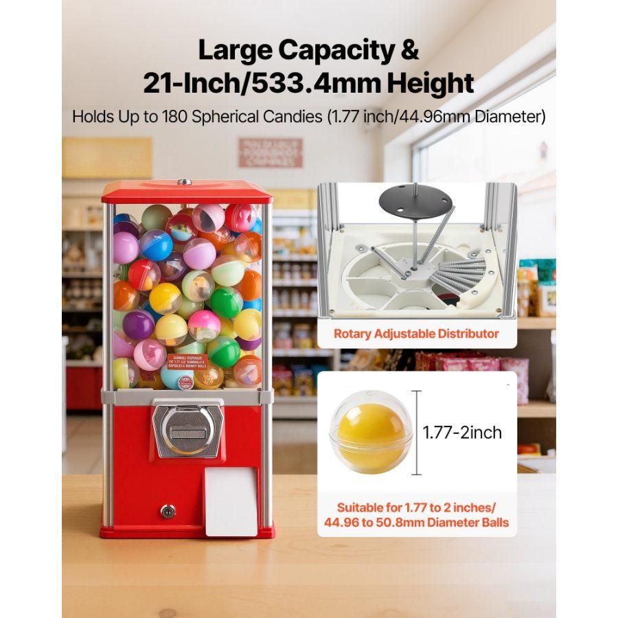 VEVOR Gumball Machine, 21 inch Height Candy Vending Machine Dispenser, 25-Cent Vending Machines for Shopping Malls, Supermarkets, Amusement Parks, Arcades, Holds Up to 180 1.77 inch Spherical Candies