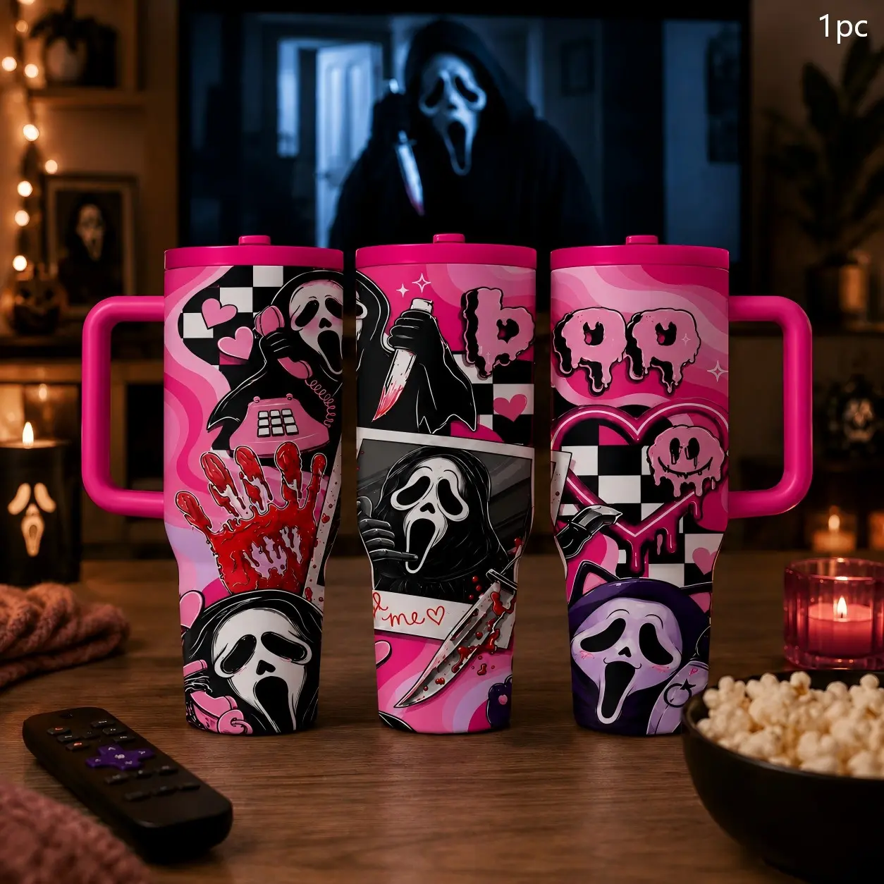 1PC 40oz Pink Scream Horror Mask Bloody Hand Heart Pattern Insulated Tumbler with Handle & Leak-Proof Lid, Double Wall Vacuum Travel Mug, Hot 12H Cold 24H, Large Capacity Cup for Men Women, Halloween Birthday Horror Fan Gift, Flasks