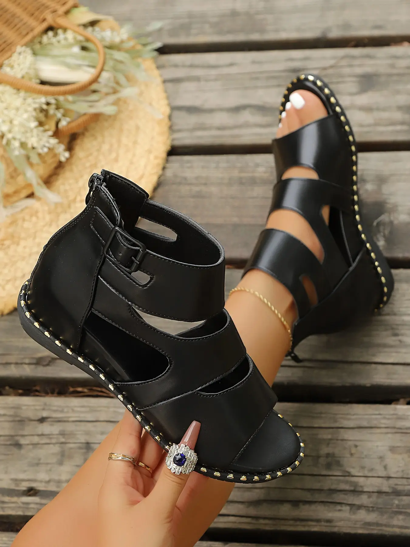 Summer Roman Wedge Sandals for Women, Dressy Summer Shoes, Back Zipper, Hollow Out, Open Toe, Thick Sole, Heel Lift, Rivet, Versatile Female Sandals