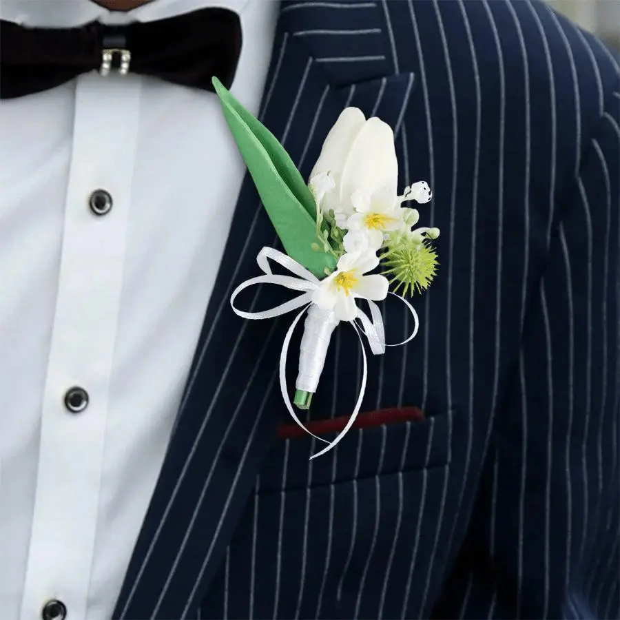 2PCS Minimalist Fabric-Plastic Fake White Tulip Flowers Boutonniere Pins - Pre-Assembled Groom & Groomsmen Secure Corsage with Satin Ribbon Bow, Wedding Party Supplies Lapel Accessory
