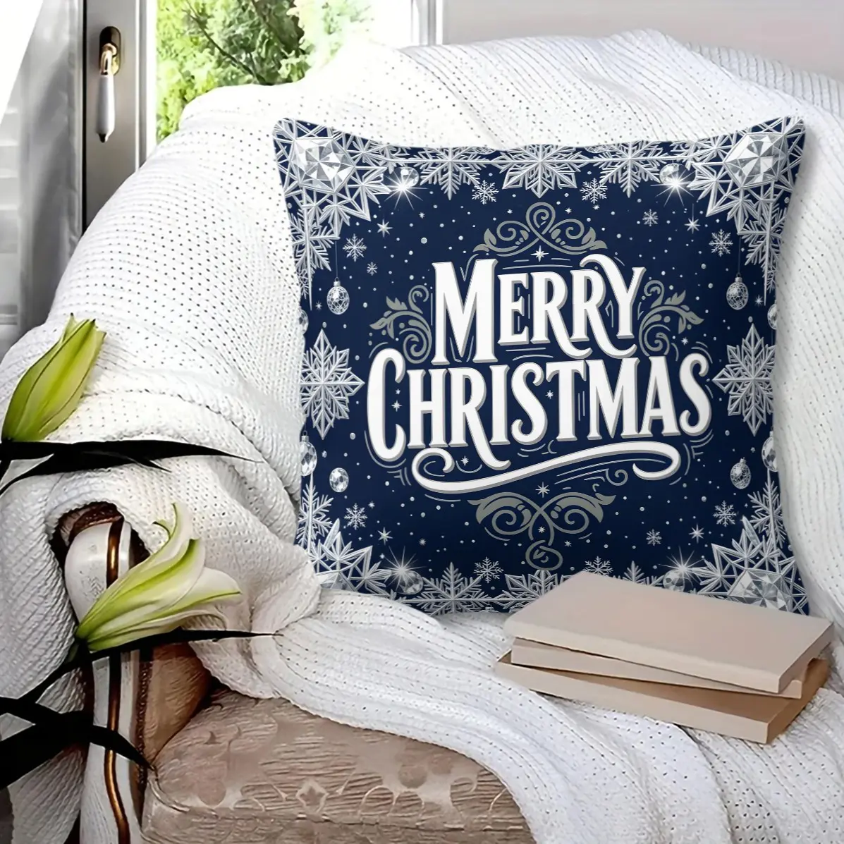 45x45cm 1Pc Cool Silver Snowflake Crystal Ball Starry Moon Throw Pillow, Washable, Trend Print, Soft Fabric For Christmas Themed Homestay Guest Room & Leisure Sofa Decor (With Pillow Insert)