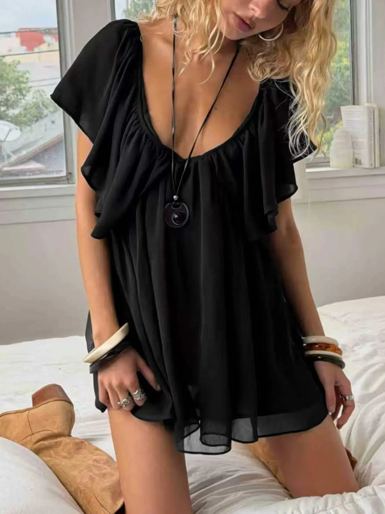 Sexy Deep V Backless Chiffon Dress Elegant Chic Daily Wear Women Ruffles Club Party Solid Mini Dress