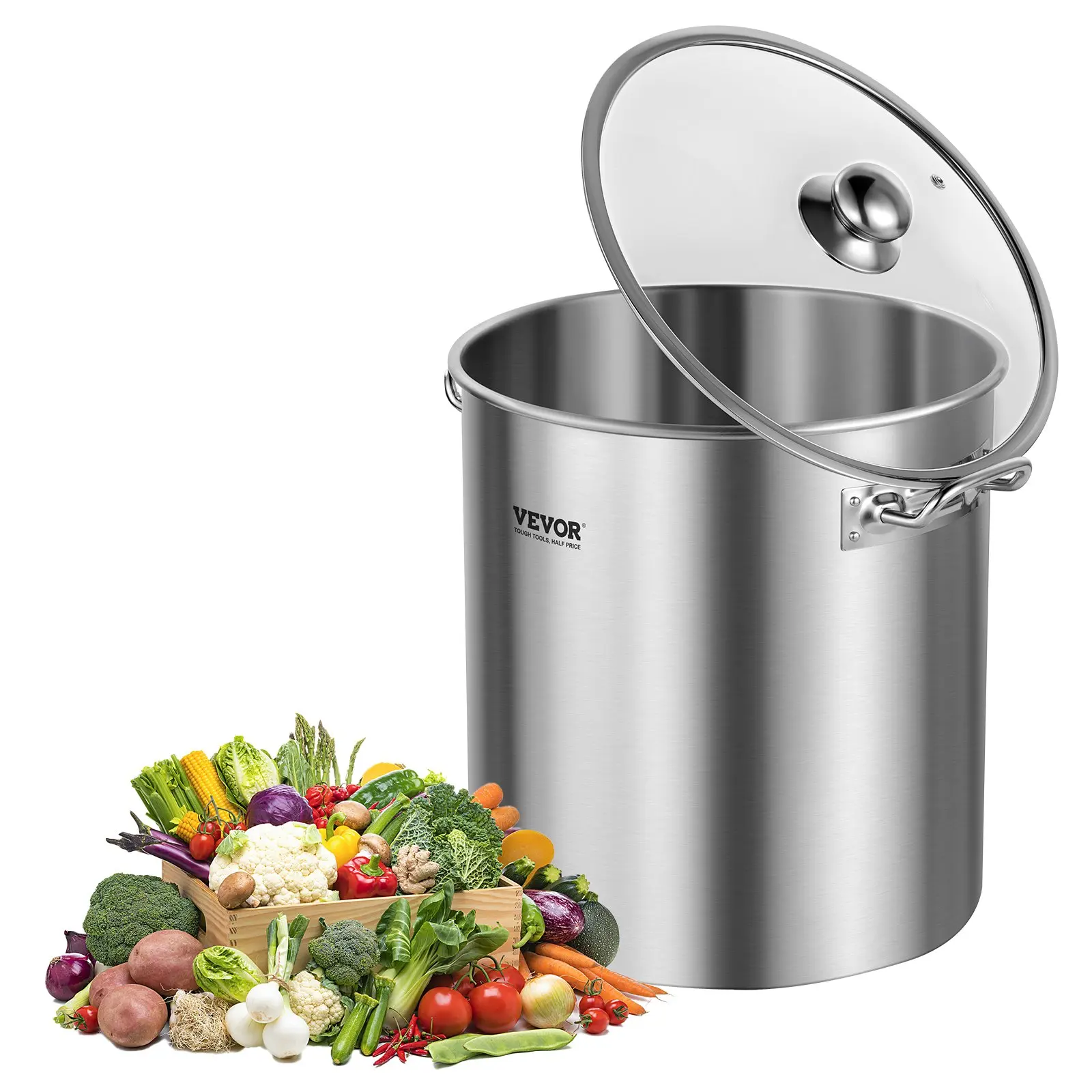 【Summerfinds】VEVOR 24 Qt (22.7L) Stainless Steel Stockpot, Heavy-Duty Commercial Grade Cookware with Transparent Glass Lid & Handle, Sanding Treatment, Induction-Compatible for Steaming & Boiling, Restaurant Use