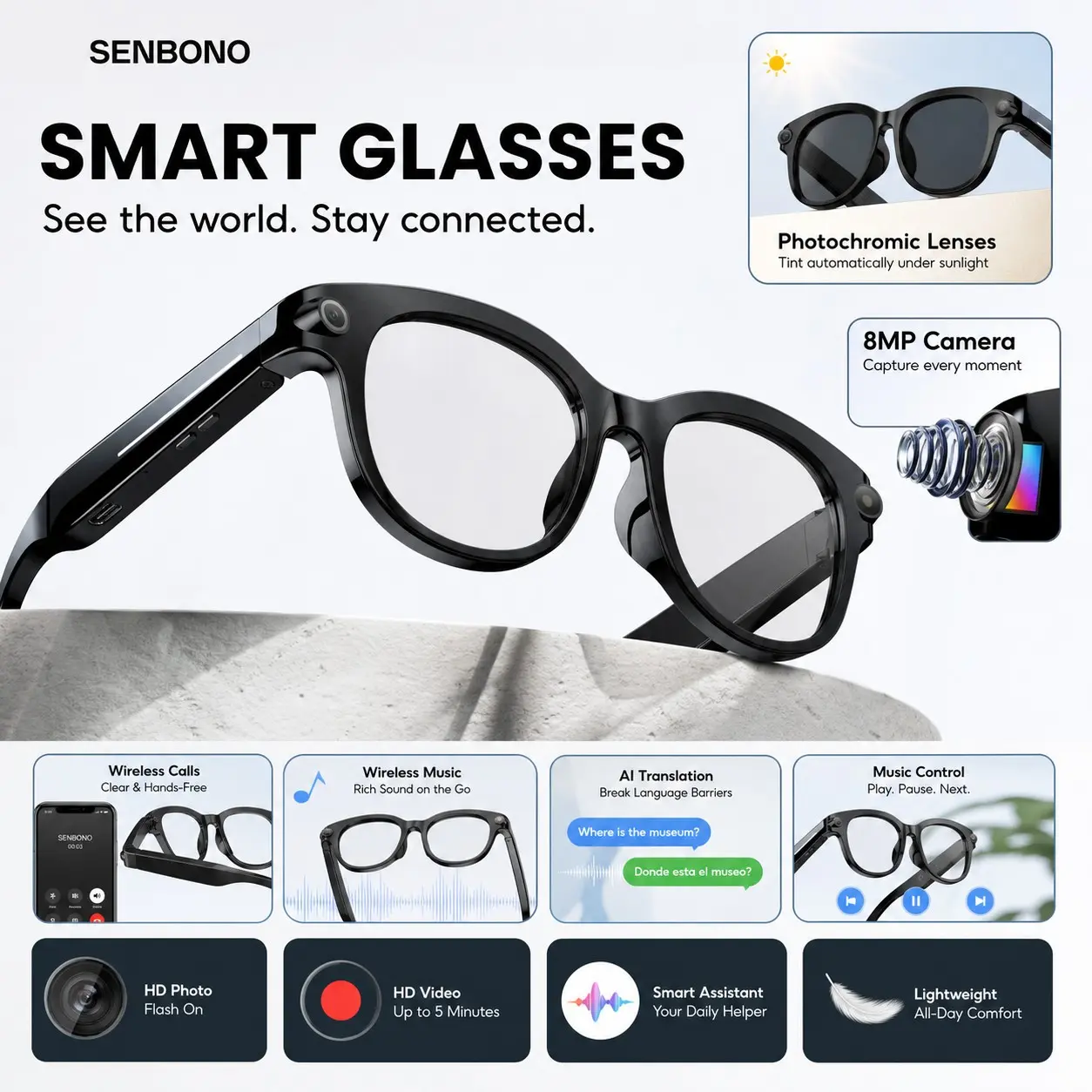 SENBONO Multifunction AI Glasses with Photo, Video, Voice Recording and Bluetooth Calling, AI Voice Assistant, Translation and Object Recognition, 290mAh Battery, Wearable Smart Glasses, Wearable Tech Glasses