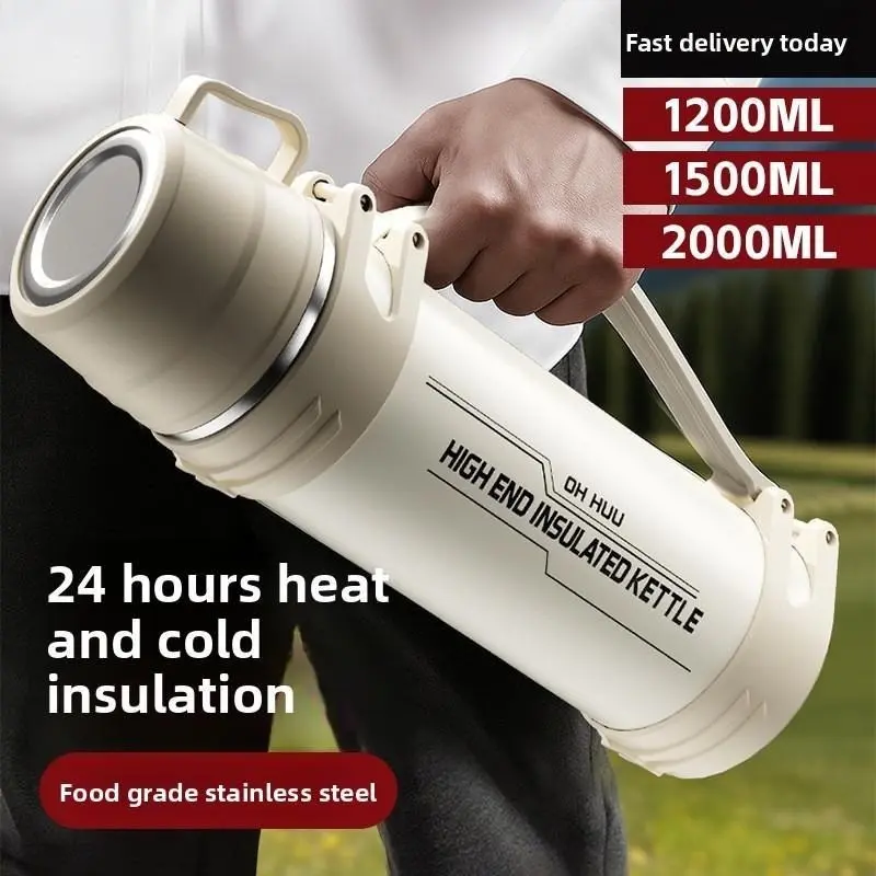 Large Capacity Insulated Water Bottle 1200/1500/2000ML, 24h Hot & Cold Retention, Stainless Steel Thermal Flask, Portable Travel Kettle for Camping