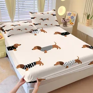 Cartoon Dachshund Dog Fitted Sheet Set 3 Piece, 1 Fitted Sheet + 2 Pillowcases, Soft Microfiber Deep Pocket Design All Season, Cute Pet Lover Bedroom Decoration, Gift for Dachshund Enthusiast