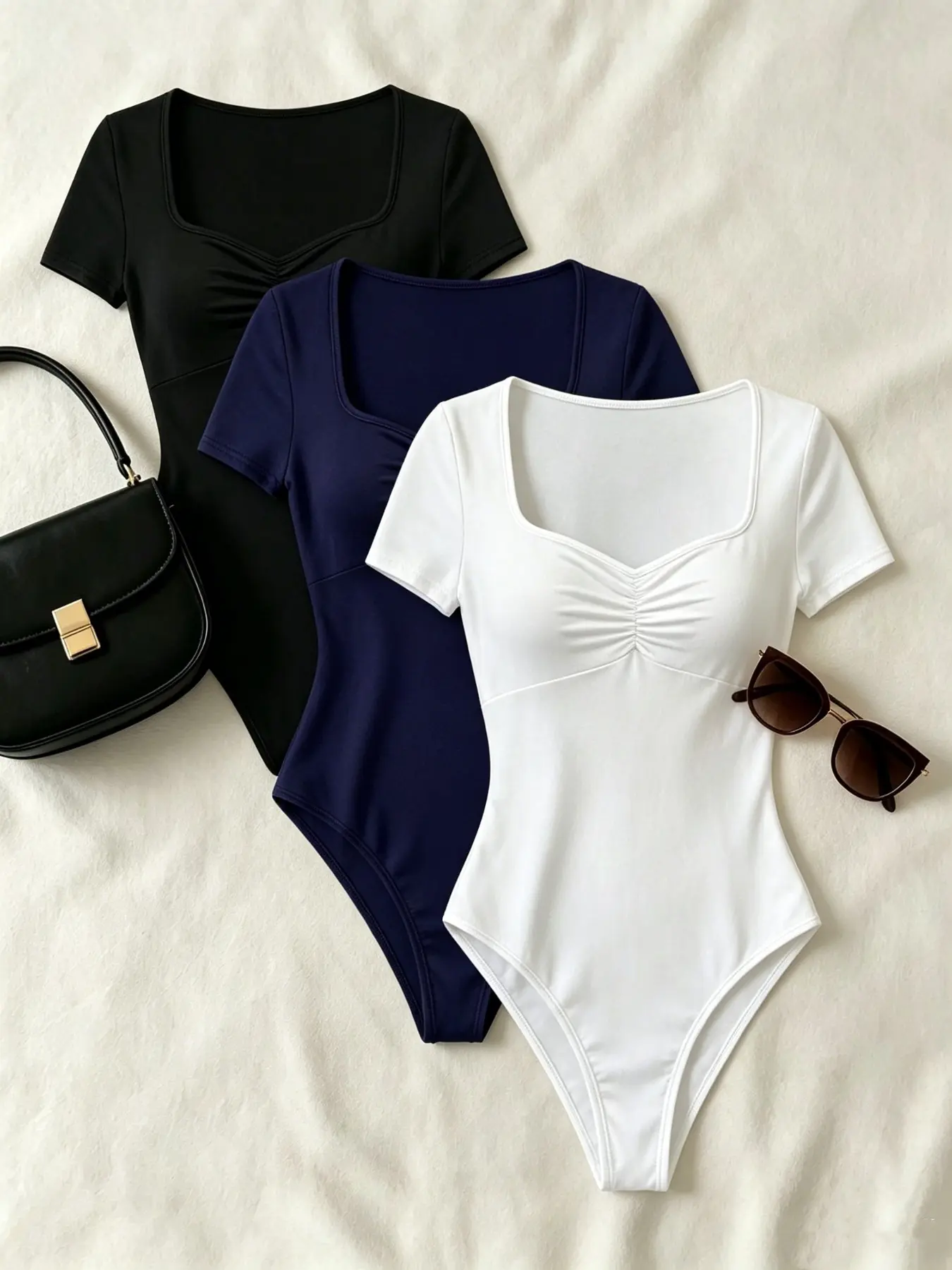 Elegant Comfortable Plain Women's Short Sleeve Fitted Top, All-Day Basic Soft Knit Bodysuit, Fashion Versatile Shirt, Ideal for Casual Wear