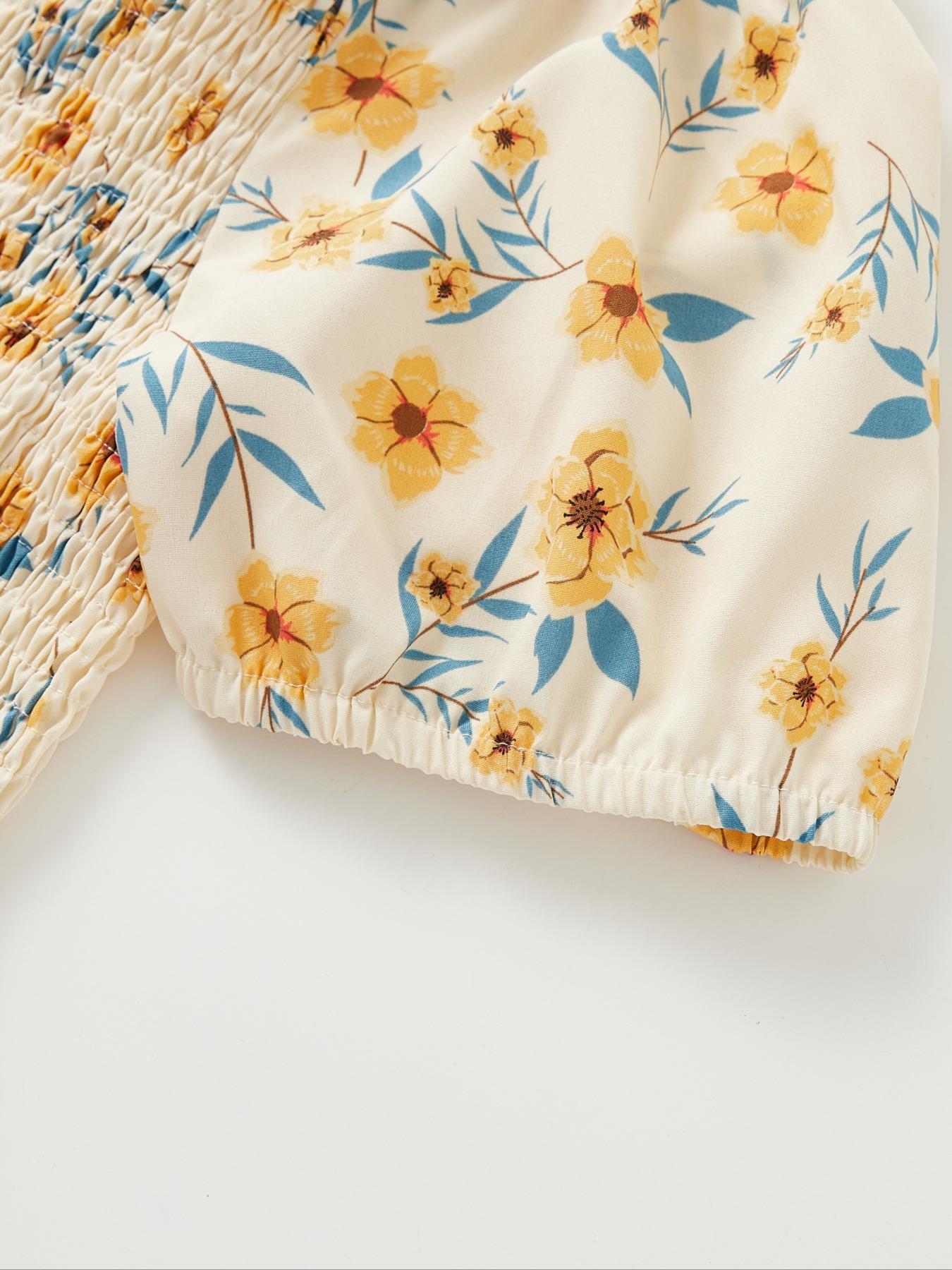 Plus Size Floral Print Off Shoulder A Line Dress, Boho Romantic Shirred Ruffle Hem Dress for Beach Vacation Holiday, Women's Plus Clothes for Summer