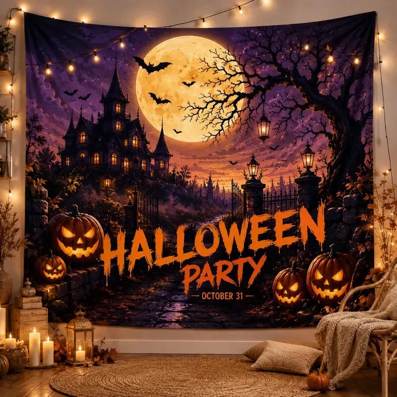 Halloween Party Backdrop Spooky Haunted House Tapestry Wall Hanging Decoration